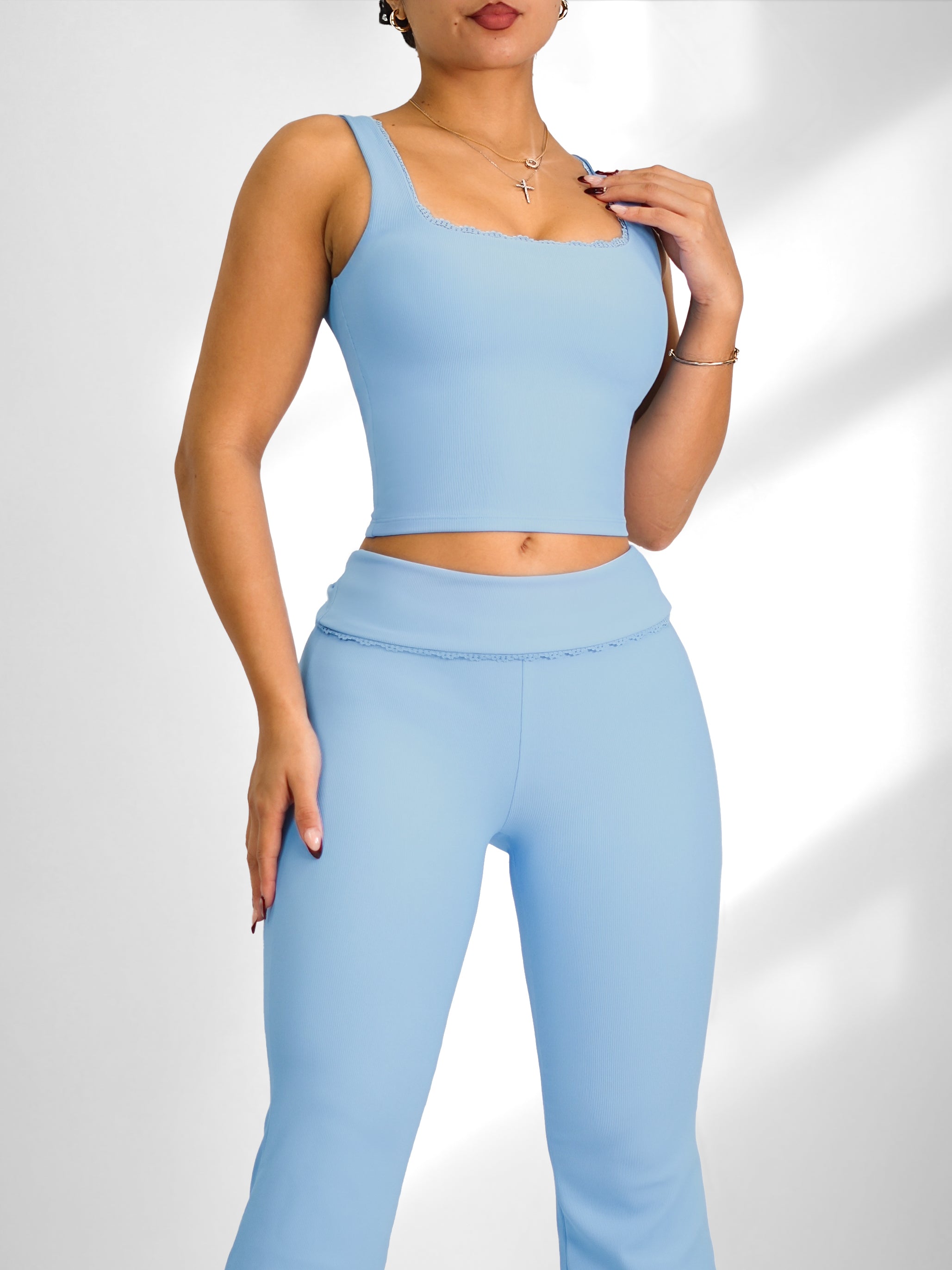 Powder Blue Lace Pilates Sports Top - Breathable & Stylish Workout Shirt for Yoga, Gym & Fitness Training