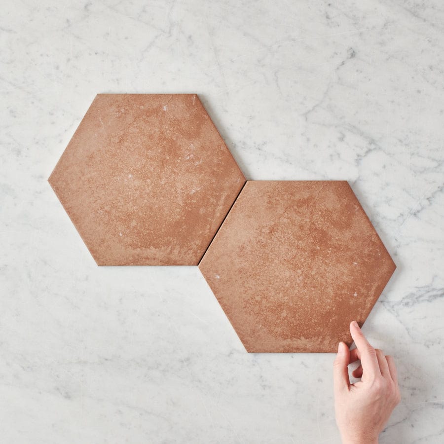 Boat Harbour Beach Terracotta Encaustic Look Hexagon Tile - Vintage Style Floor and Wall Tile for Bathroom, Kitchen, and Backsplash