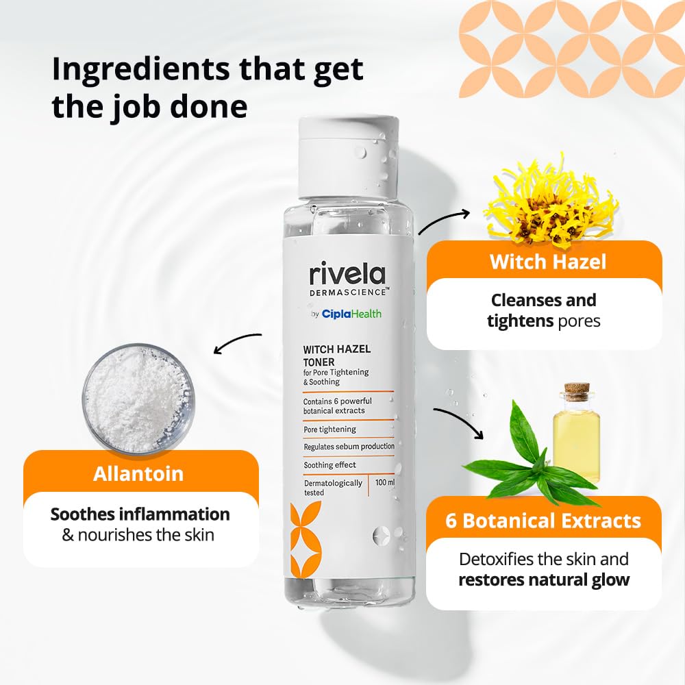 Rivela Dermascience Witch Hazel Face Toner by Cipla | Alcohol-Free Hydrating Toner for Pore Tightening, Soothing & Glowing Skin | With 6 Botanical Extracts to Regulate Sebum Production | 100ml | Perfect for Daily Skincare Routine & Post-Shave Care
