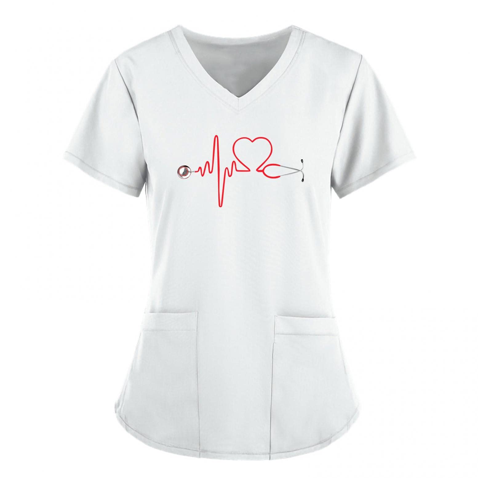 ZDFER Women's Short Sleeve V-Neck T-Shirt with 2 Pockets - Valentine's Day & Easter Print Blouse for Work Uniform, Casual Wear, and Holiday Outfits