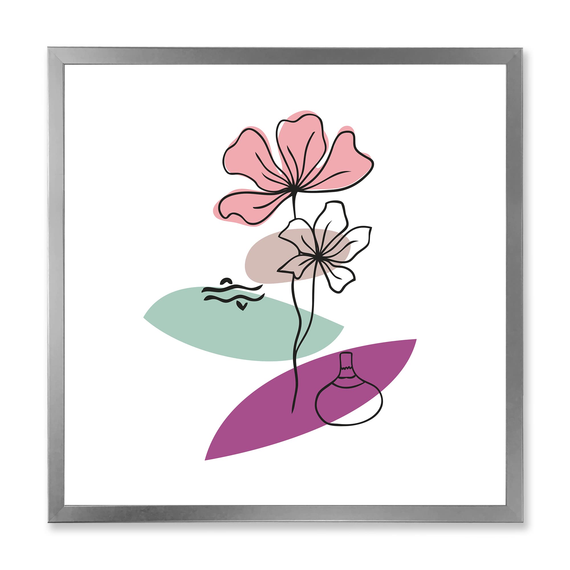 DesignQ Elementary Shapes With Abstract Flowers Plants IV Modern Framed Wall Art - Contemporary Home Decor for Living Room, Bedroom & Office