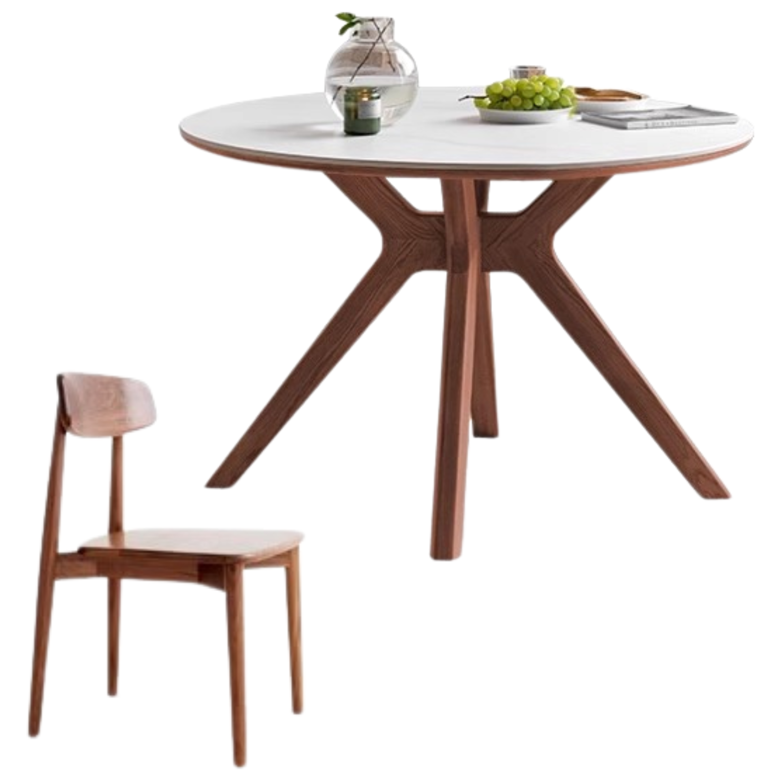 51.2x51.2x29.9 inch / 130x130x76 сm / Rich Dark Walnut color/ top White color / Dining Table Slate top+ 6 chairs