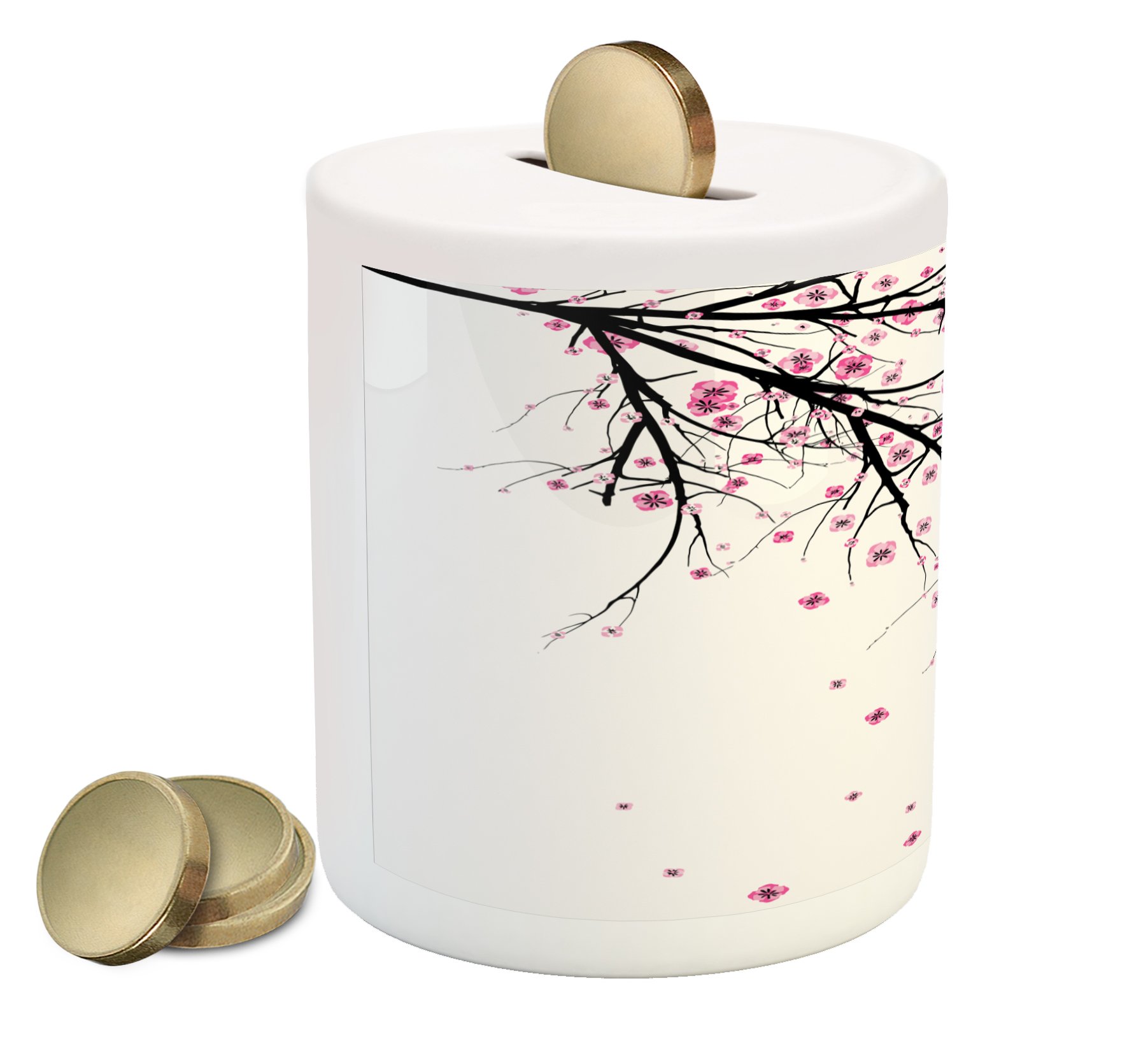 Ambesonne Ceramic Piggy Bank with Cherry Blossom Design - Money Saving Coin Bank for Kids & Adults - Pink & Black Floral Print - Perfect for Birthday Gifts, Home Decor, and Financial Education