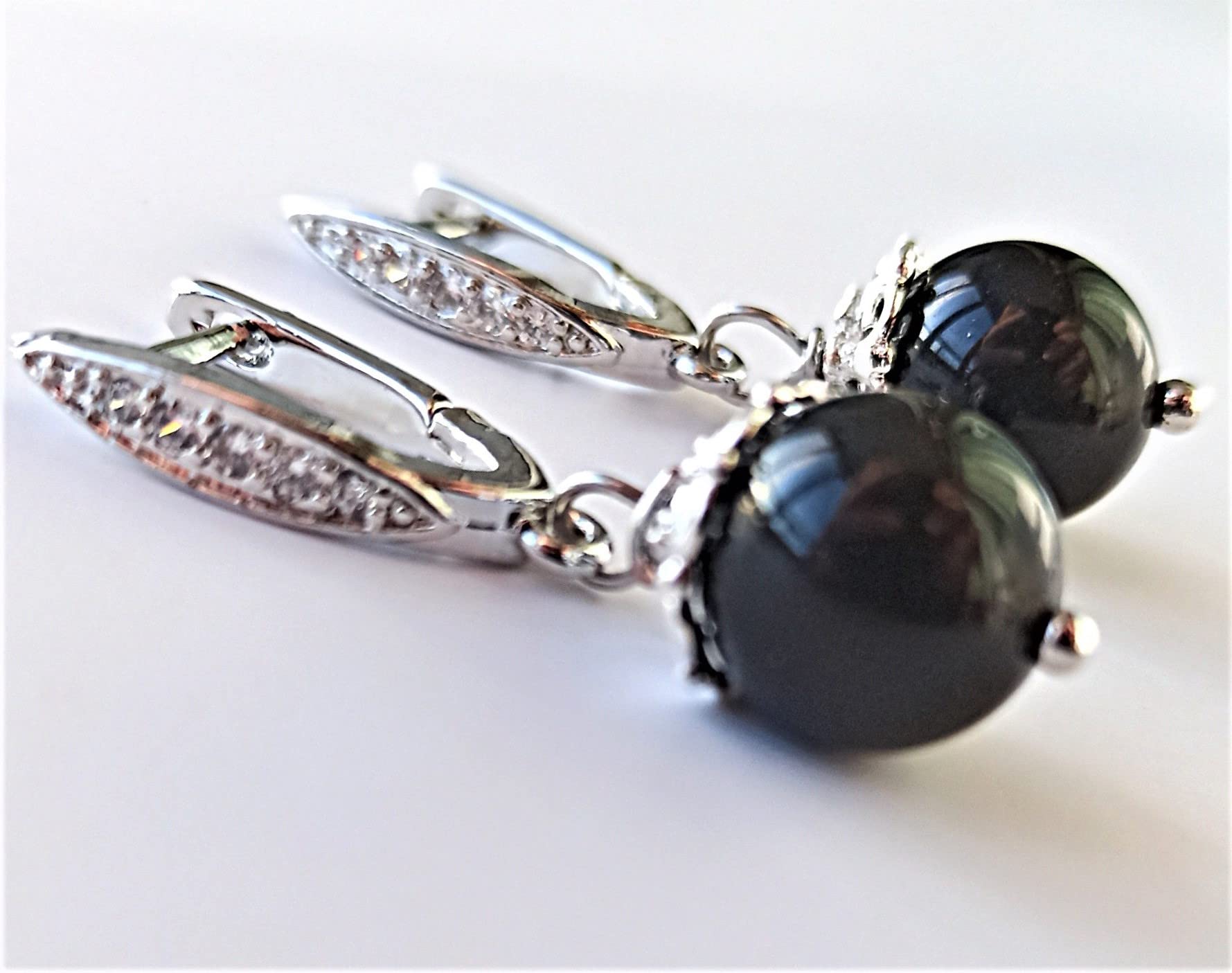 Black Obsidian Earrings for Women - Handmade Natural Gemstone Dangle Drop Earrings - Black Beaded Earrings with Cubic Zirconia - Perfect for Everyday Wear, Office, Parties & Special Occasions