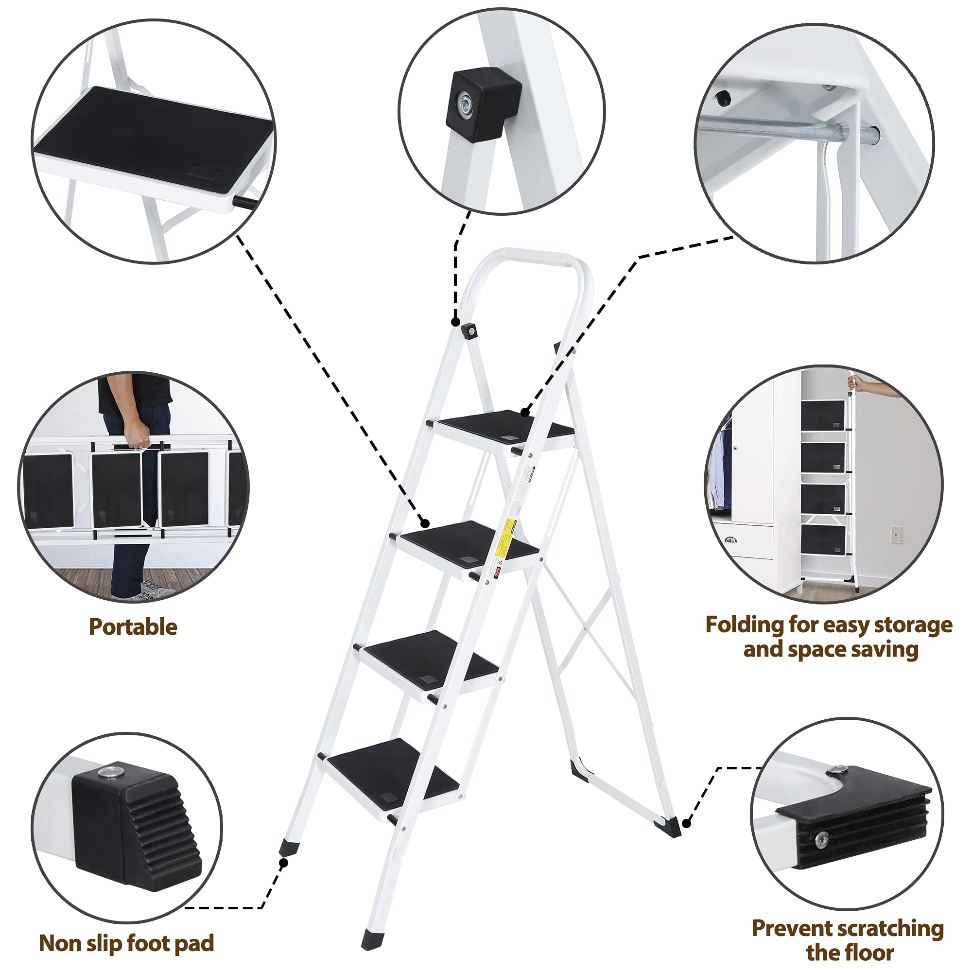 Folding 4 Step Ladder with Wide Anti-Slip Pedals & Handgrip - Portable Lightweight Stool for Home, Kitchen, Office - Sturdy Storage Shelf Rack in White & Black - Perfect for Reaching High Shelves and Home Organization