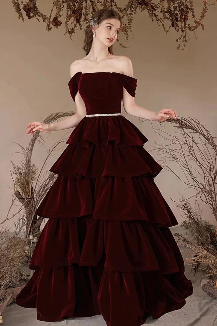 Burgundy Layered Velvet Prom Dress Off Shoulder A-Line Party Gown J4413 - Elegant Evening Wear for Homecoming, Quinceañera & Formal Events