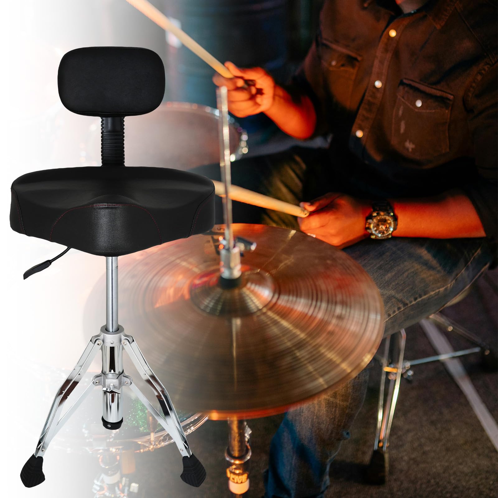 Heavy Duty Adjustable Hydraulic Drum Throne with Backrest - Motorcycle Style Drum Stool for Adult Drummers | Perfect for Drum Kits, Practice Sessions & Live Performances