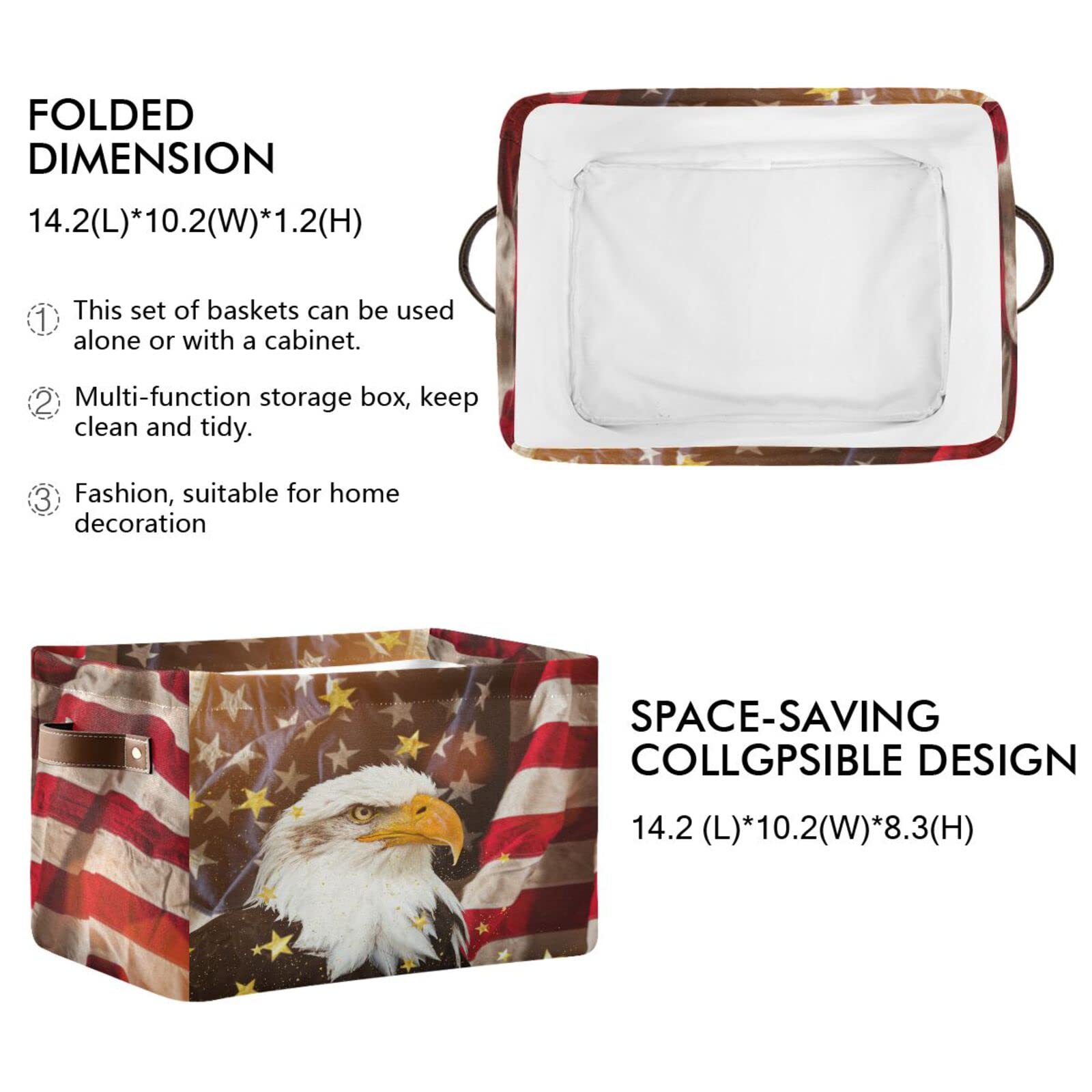 Patriotic Bald Eagle USA Flag Storage Baskets - Large Collapsible Organizer Bin with PU Handles for Closet, Nursery, Laundry (2-Pack) | Perfect for Memorial Day Decor & Home Organization