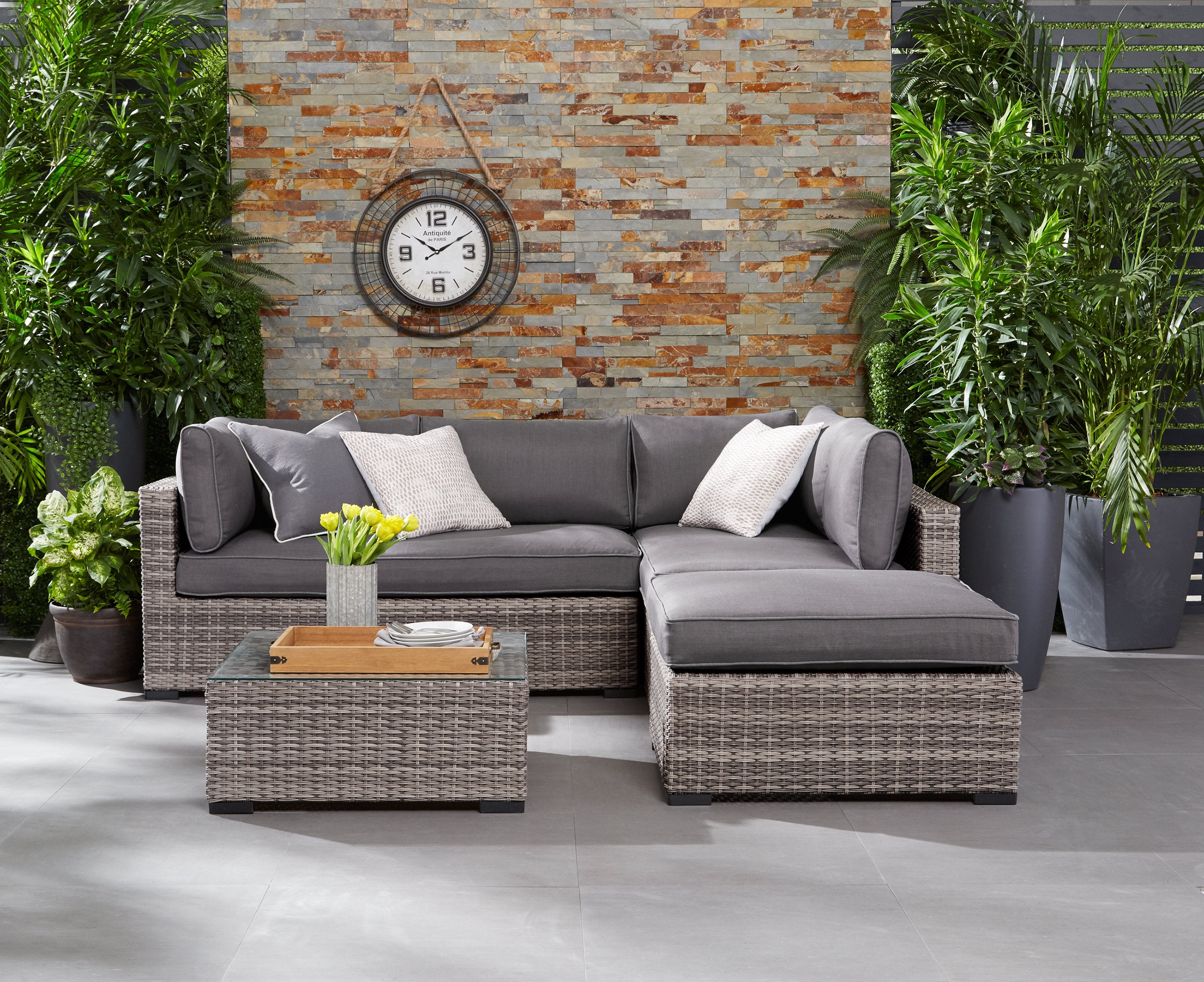 Caribe 2-Piece Outdoor Sectional Sofa Set with Ottoman - Weather-Resistant Grey Patio Furniture for Backyard, Poolside & Garden Relaxation