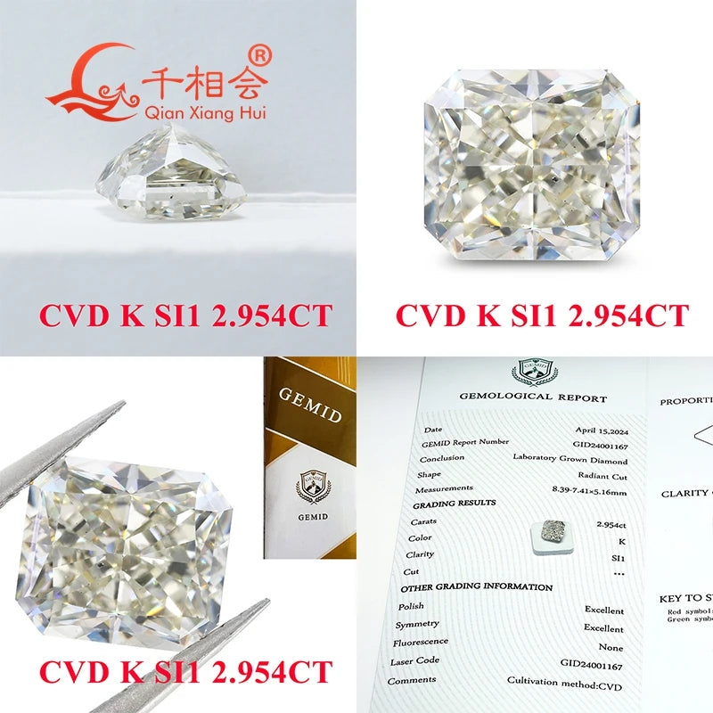 1ct & 2ct Lab Grown CVD Diamond - K White Color VS-SI1 Clarity Radiant Cut | GEMID Certified Loose Stone for Engagement Rings & Jewelry Making