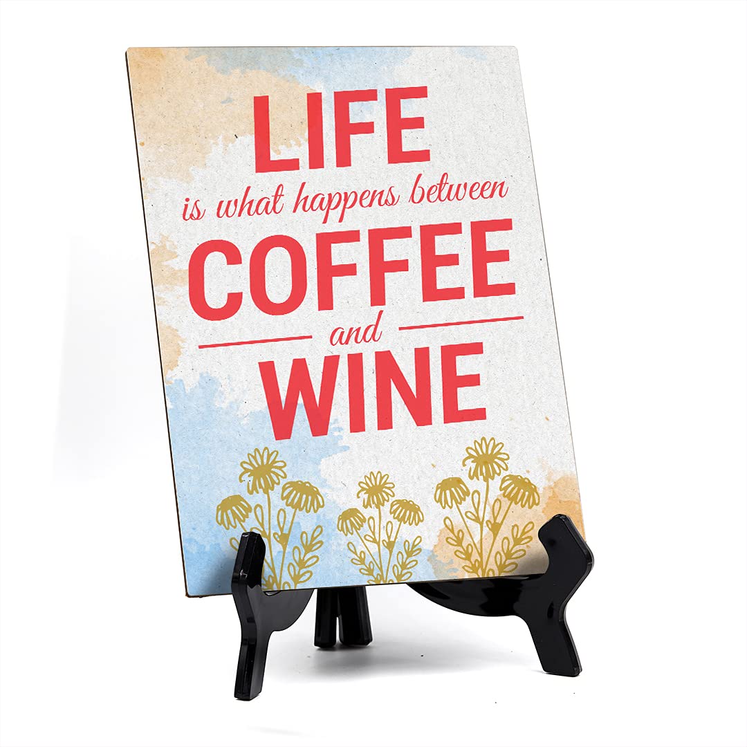 ByLita Life Blue Watercolor Table Sign - 6 x 8 Inch Inspirational Coffee & Wine Decor for Kitchen, Dining Room, or Bar - Perfect Housewarming Gift