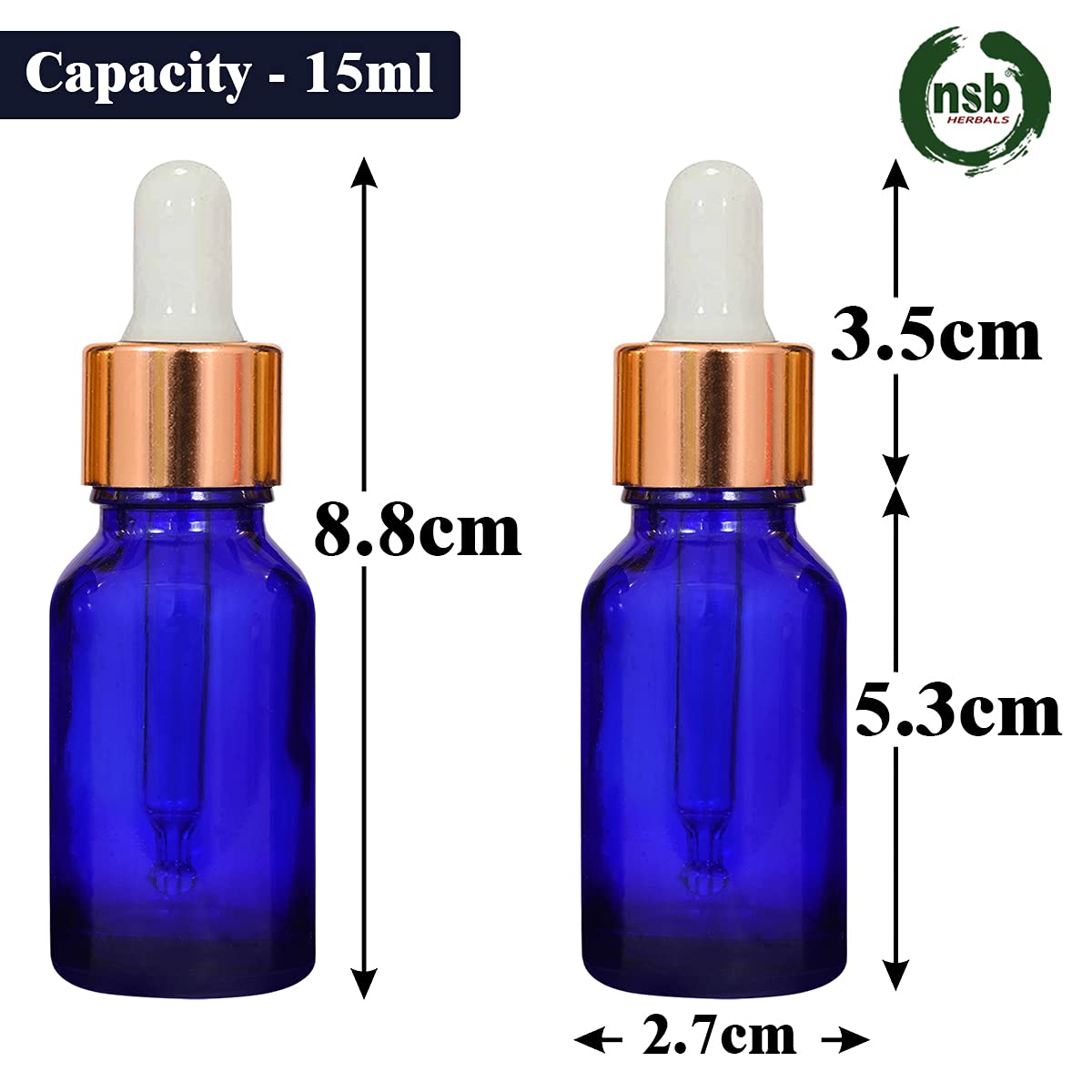 NSB Herbals 15ml Blue Round Empty Glass Bottle with Glass Dropper, Gold Ring & Silicone White Teat - Refillable, Reusable, Leak Proof for Essential Oils, DIY Perfumes, Face Serums & Aromatherapy Blends (Pack of 3) - Perfect for Travel, Gifts & Home Spa Use