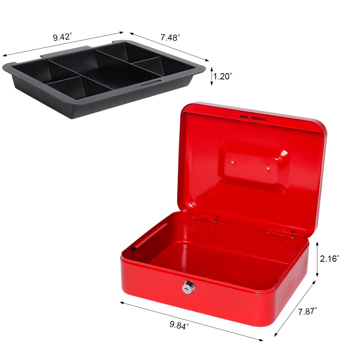 Lovndi Metal Cash Box with Money Tray & Lock - 9.84 x 7.87 x 3.54 Inch Secure Money Storage Box (Red) - Ideal for Small Businesses, Retail Stores & Home Safekeeping