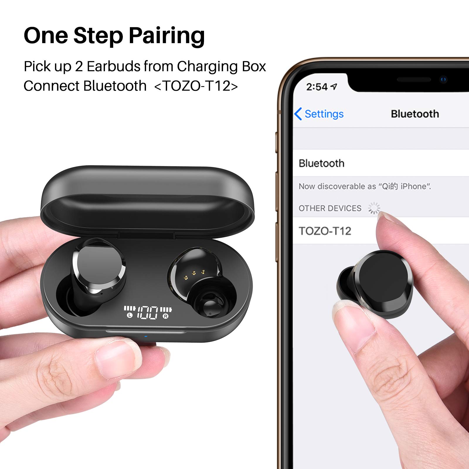 TOZO T12 Wireless Earbuds Bluetooth 5.3 - Premium Sound, Touch Control, LED Display, Wireless Charging Case (Black) | Noise Cancelling Headphones for Workout, Running, Travel & Daily Use