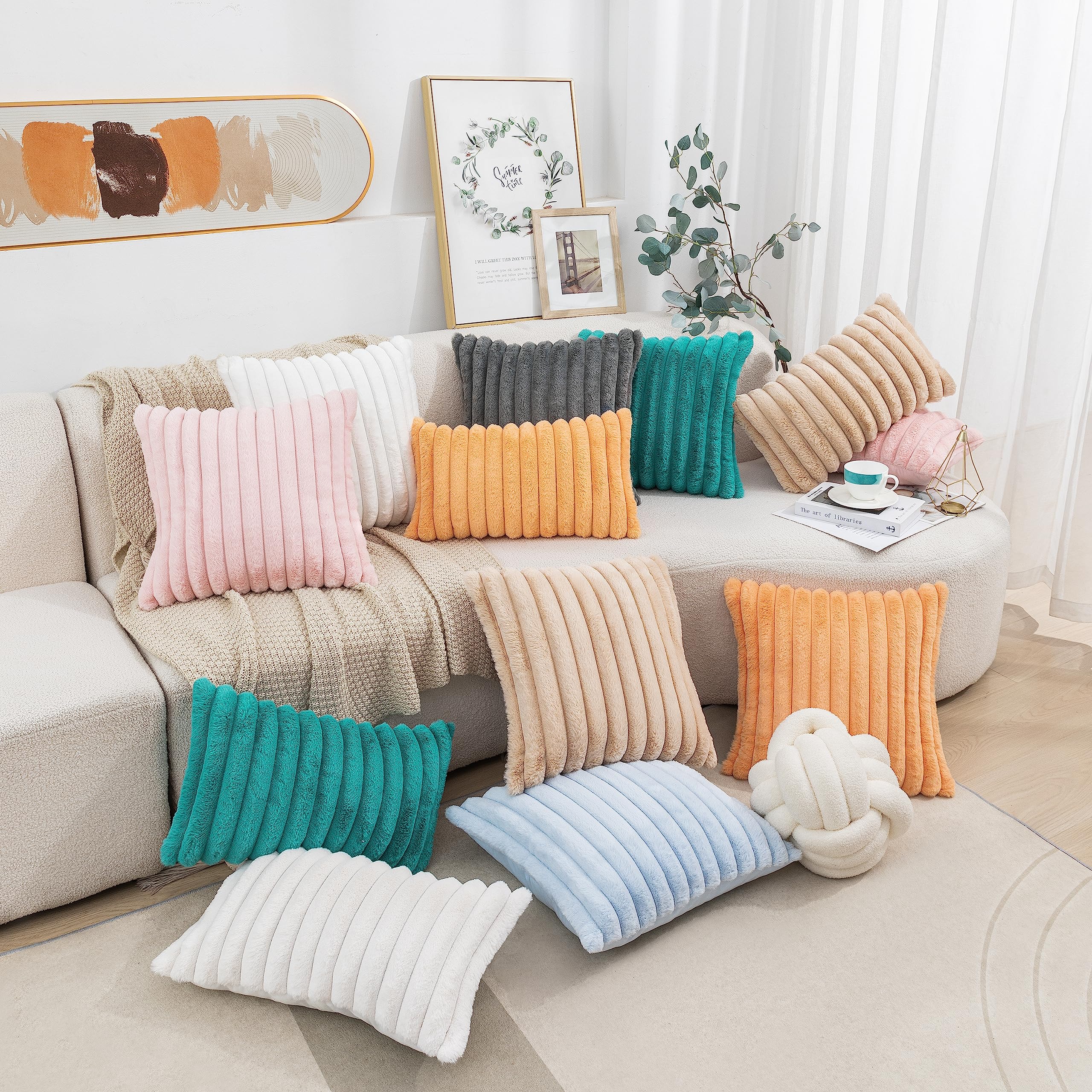Uhomy Set of 2 Faux Fur Pillow Covers 18x18 Inch - Super Soft Plush Striped Cushion Covers for Sofa, Couch & Bedroom - Grey Luxury Decorative Throw Pillow Cases (45cm) - Perfect for Cozy Home Decor, Living Room Accents & Winter Comfort