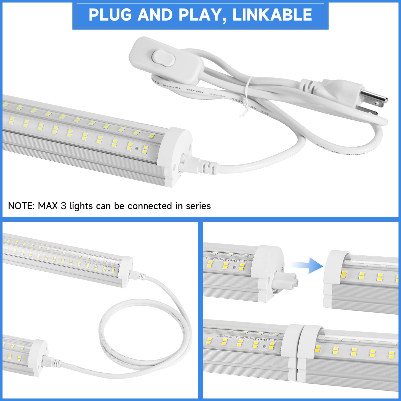 8FT LED Shop Light - 125W U Shape Integrated LED Tube, 6500K Daylight White, 20000LM Super Bright, Flush Mount or Hanging Linkable Ceiling Lights for Garage, Workshop, Warehouse - Plug & Play (6 Pack) - Perfect for Industrial, Commercial & Home Use