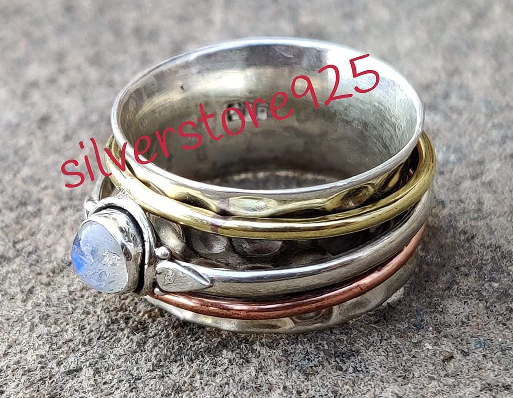 Moonstone Spinner Ring for Women - Handmade Silver Meditation & Anxiety Relief Ring - Elegant Spinning Statement Band Jewelry - Perfect for Stress Relief, Mindfulness & Fashion Accessories