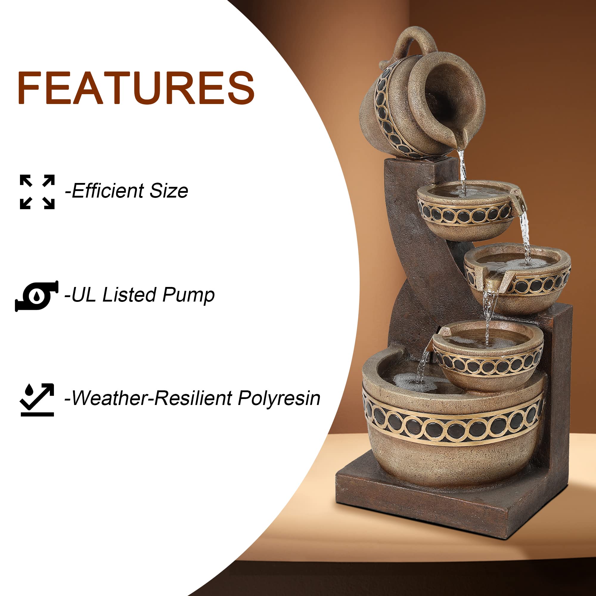 LuxenHome 5-Tiered Polyresin Outdoor Water Fountain - Cascading Pitcher Design with Waterfall Feature for Patio, Yard & Garden Decor | Perfect for Relaxing Backyard Ambiance and Zen Garden Landscaping