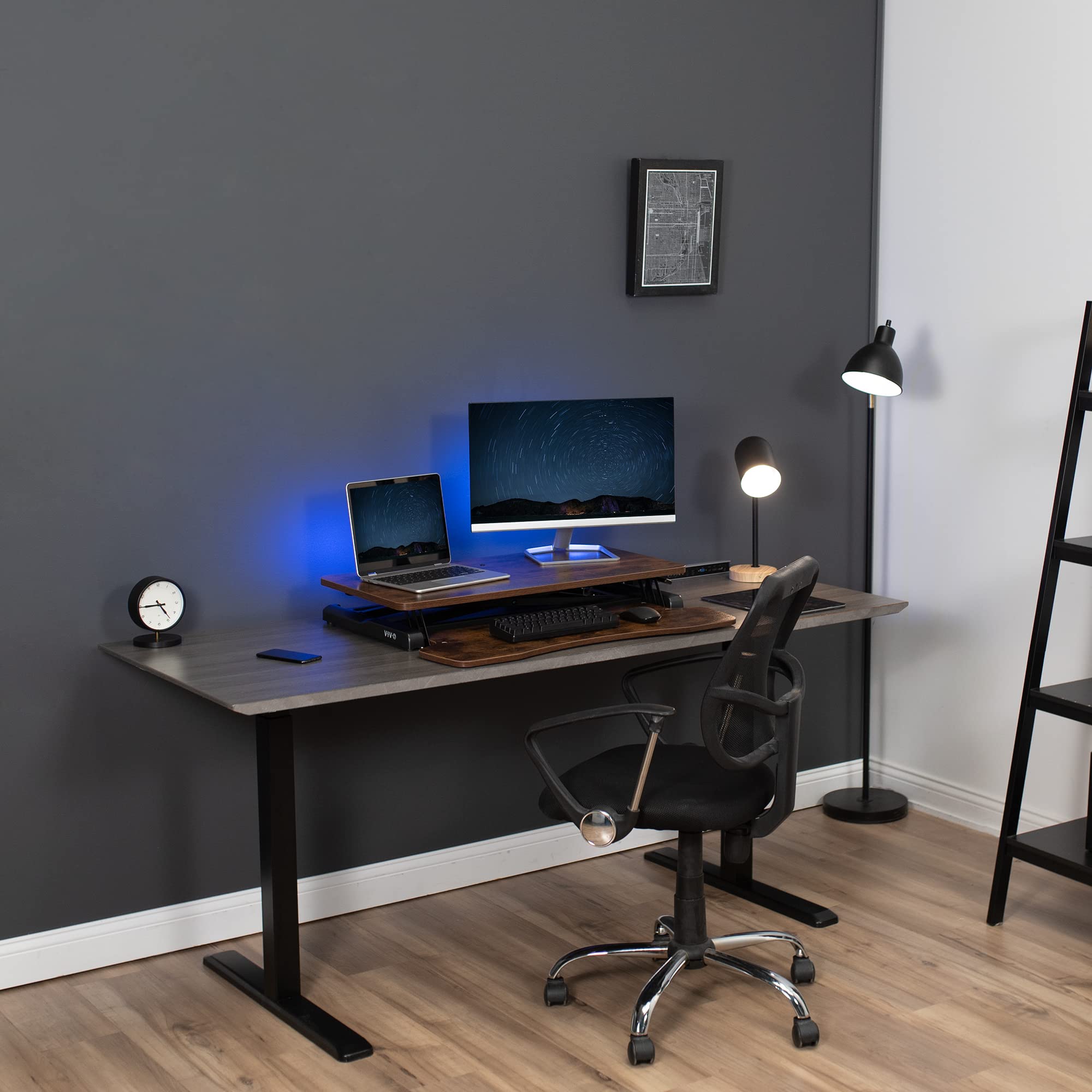 VIVO 32 Inch Height Adjustable Sit Stand Desk Converter - Dual Monitor & Laptop Workstation with Wide Keyboard Tray - Rustic Brown Top & Black Frame (K Series DESK-V000KN) - Perfect for Home Office, Gaming Setup & Ergonomic Workspace