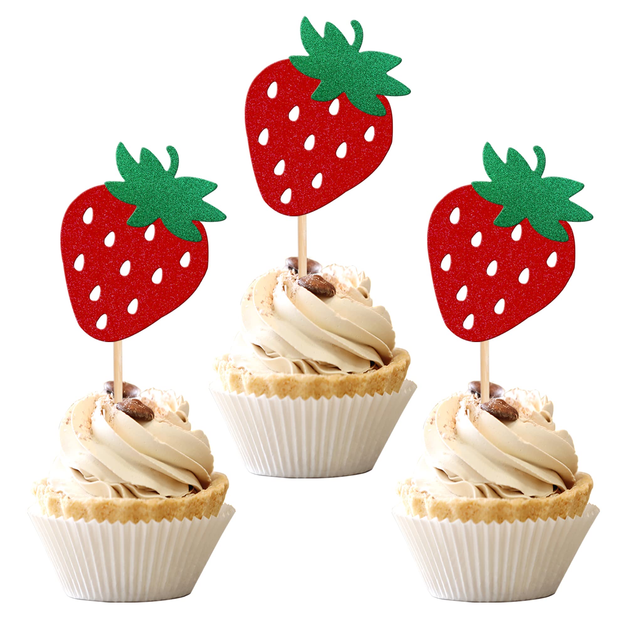 24 PCS Red Glitter Strawberry Cupcake Toppers - Fruit Theme Cake Decorations for Baby Showers, Kids Birthday Parties, Summer Desserts & Sweet Treats - Berry Picks for Baking, DIY Cake Decorating & Party Supplies