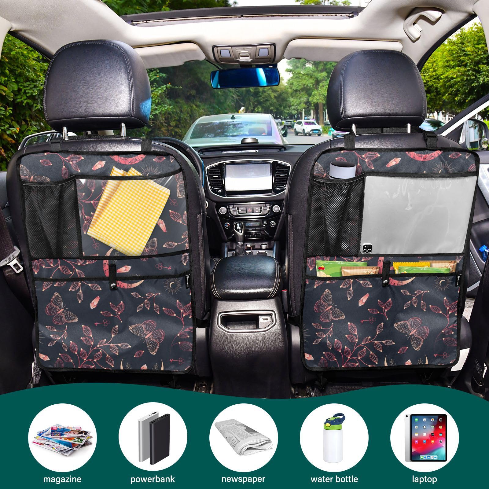 Moon Crystal Print Car Seat Back Organizer - 2 Pack Seatback Protector with Multiple Pockets for Tablet, Bottle, Tissues & Books (25x18 Inch) - Perfect for Road Trips, Family Travel & Daily Commute