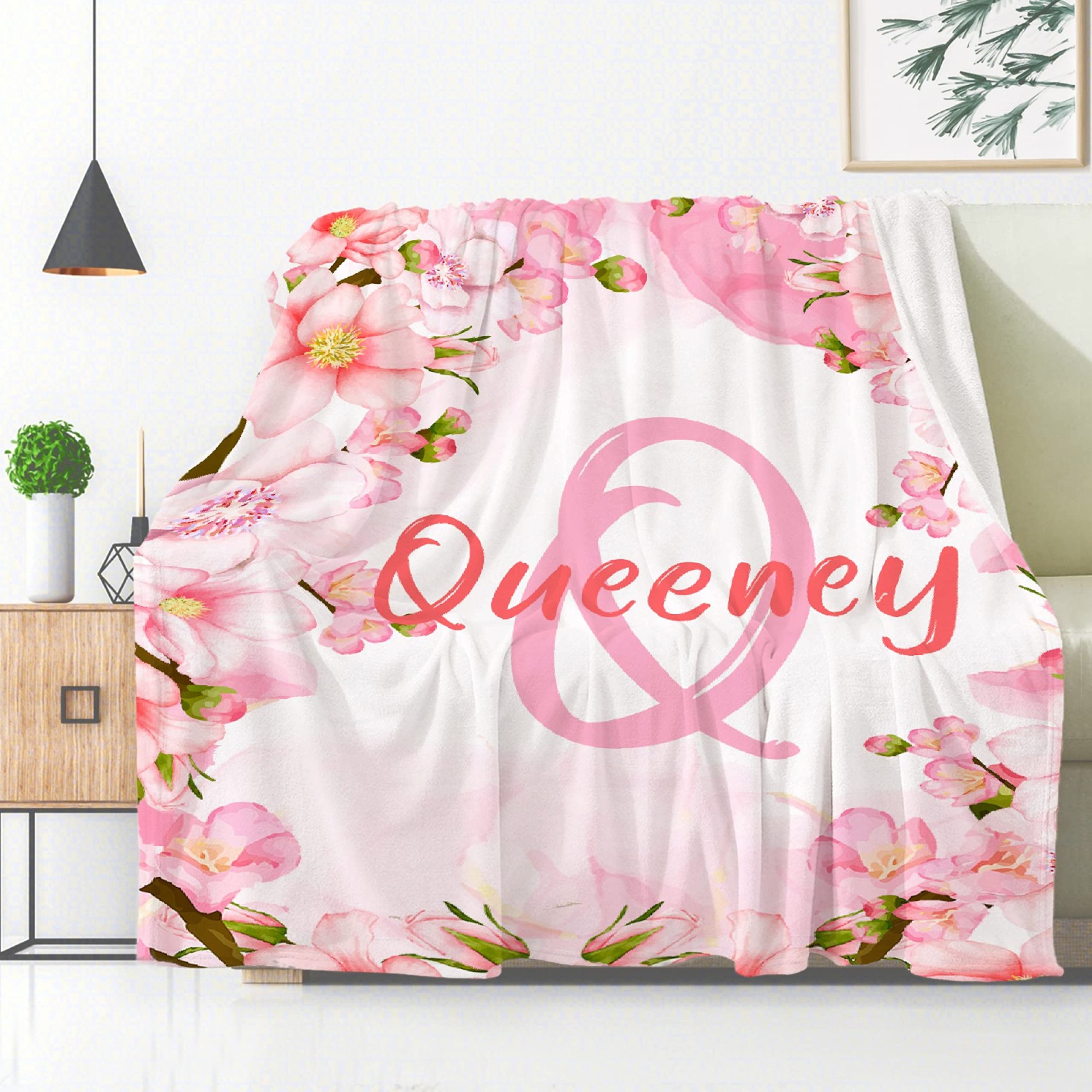 Custom Personalized Baby Name Blanket - Soft Flannel Peach Blossom Pink Flower Throw Blanket with Embroidered Name - Perfect Baby Shower Gift for Boys & Girls - Cozy 90