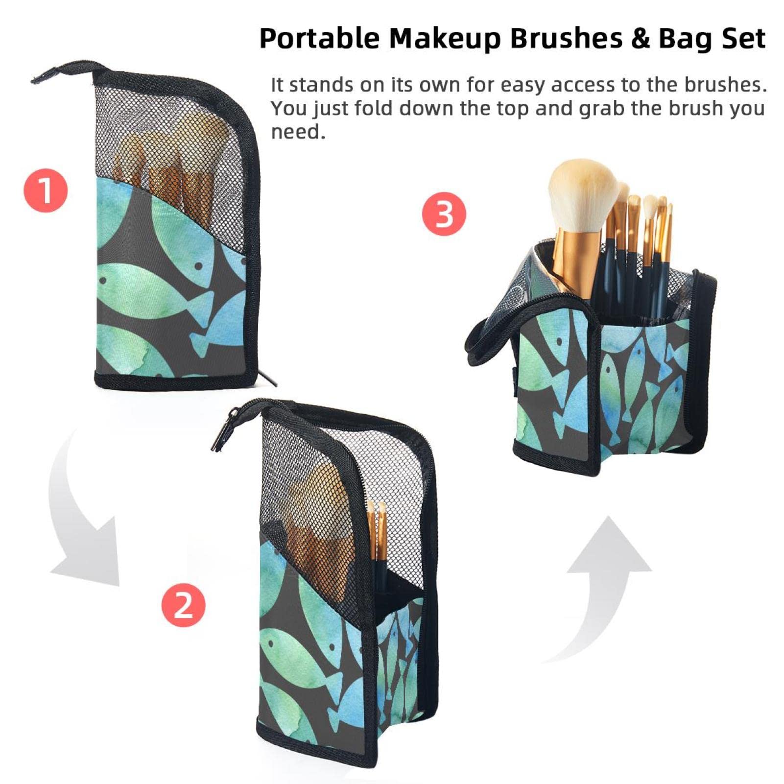 12-Piece Makeup Brush Organizer Bag Set - Green Fish Watercolor Design, Portable Cosmetic Brush Holder Case for Travel & Home Storage