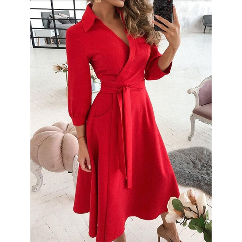 Women's Long Sleeve Casual Dress with Pockets - Comfortable Everyday Wear for Work, Outings & Date Nights