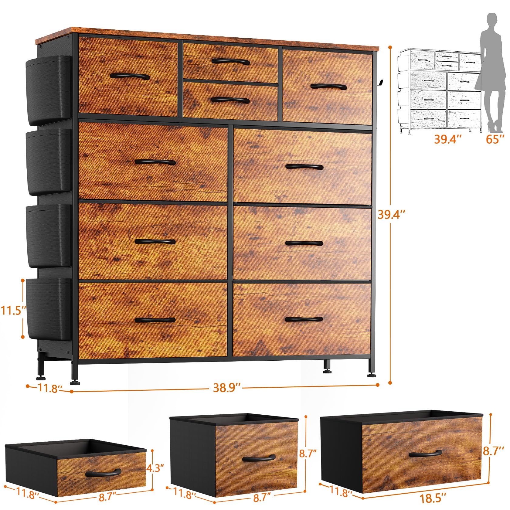 10-Drawer Dresser with Wooden Top & Metal Frame - Fabric Storage Chest with Side Pockets & Hooks for Bedroom, Living Room, Closet & Hallway Organization (Brown) | Perfect for Small Spaces & Home Decor