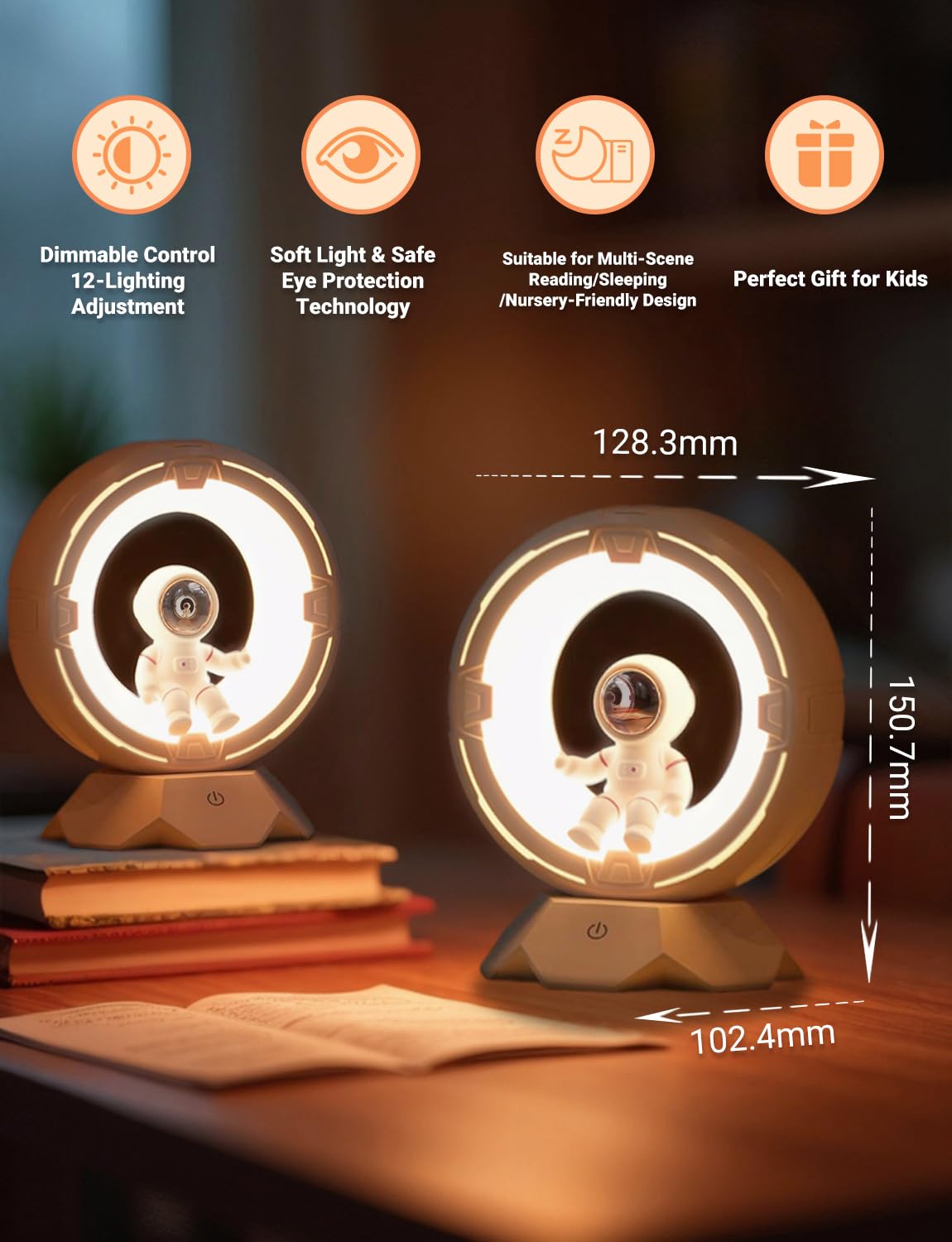 Rechargeable Astronaut Space Night Light for Kids - 9-Level Dimmable Warm & Cool LED Nightlight, Touch Control for Nursery, Bedroom, Living Room & Desk | Perfect for Bedtime, Reading & Night Feedings