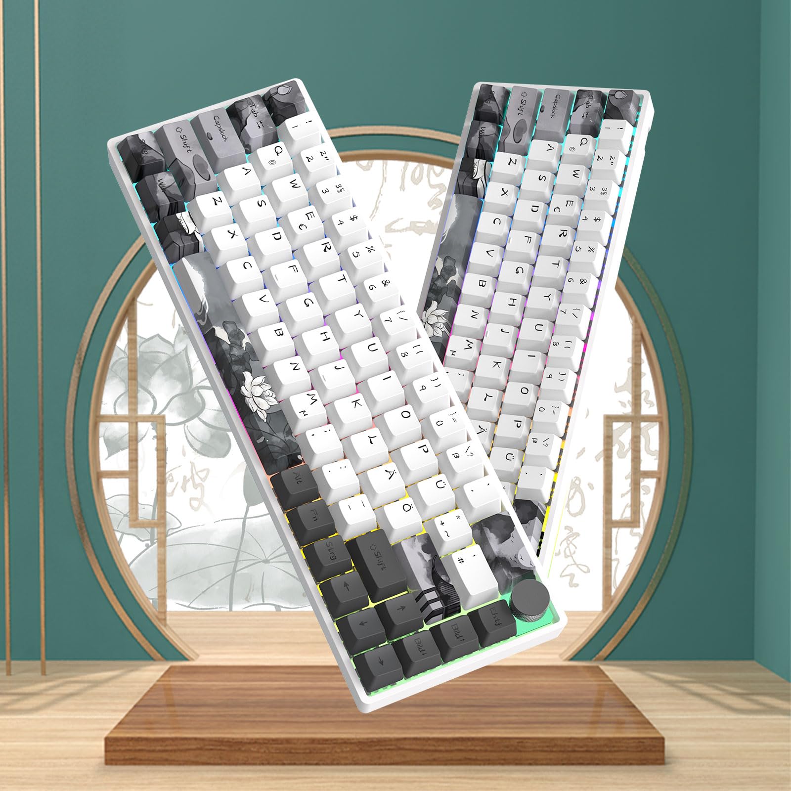 MOLGRIA GK68 68-Key RGB Backlit Hot Swappable Mechanical Gaming Keyboard with Ink Lotus Deutsch Keycaps, Gateron Yellow Switches, Triple Mode Connection & Knob - Compatible with Win/Mac OS - Perfect for Gaming, Typing & Office Work