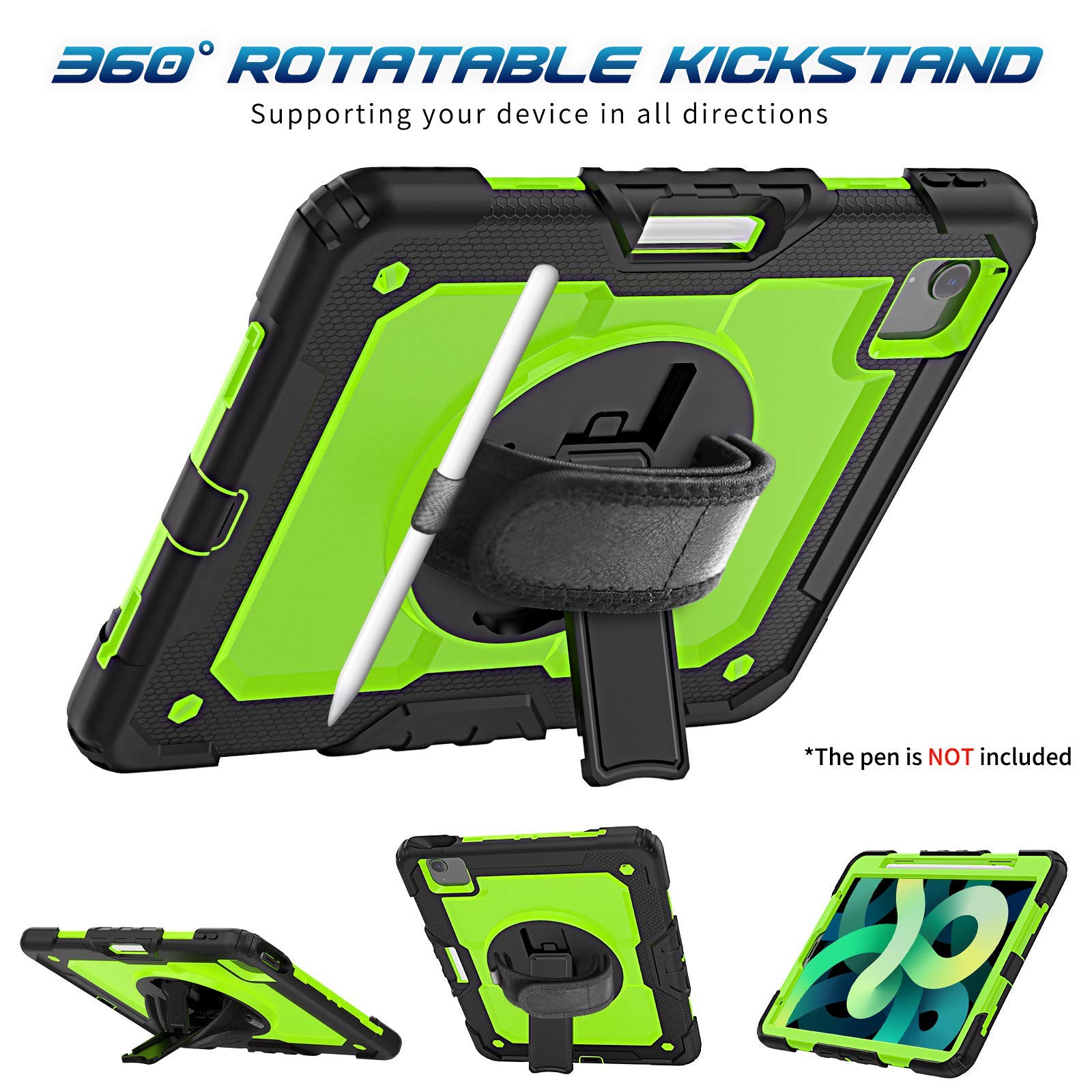 Timecity iPad Air 4/5 Case (10.9 Inch 2020/2022 Model) - Protective Cover with Screen Protector, Swivel Kickstand, Hand Strap & Pencil Holder - Perfect for Work, Travel & School (Green)