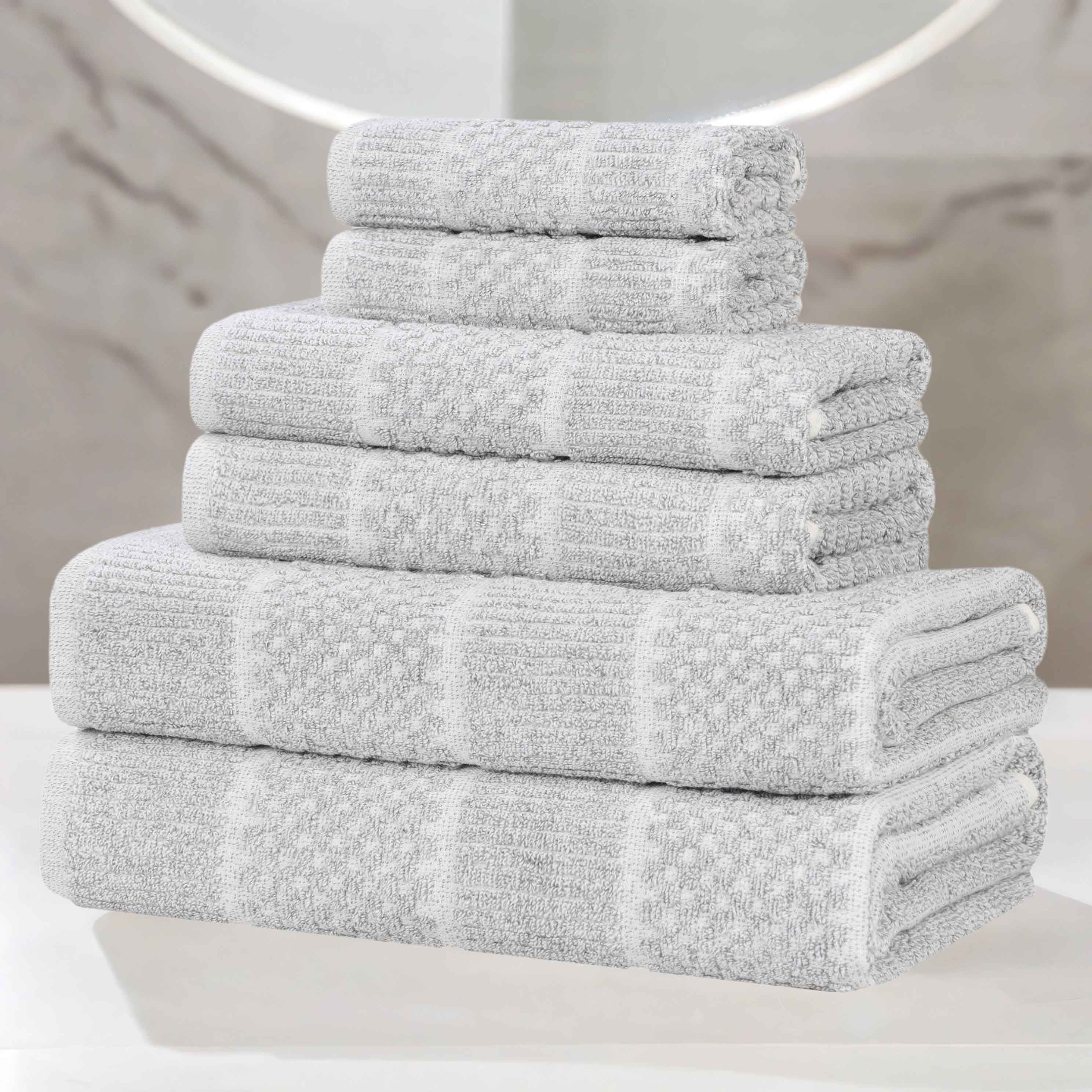 Premium 6-Piece Cotton Blend Towel Set - Medium Weight, Checkered & Ribbed Design - Soft & Absorbent Bath Towels for Spa, Guest Bathroom & Beach Use