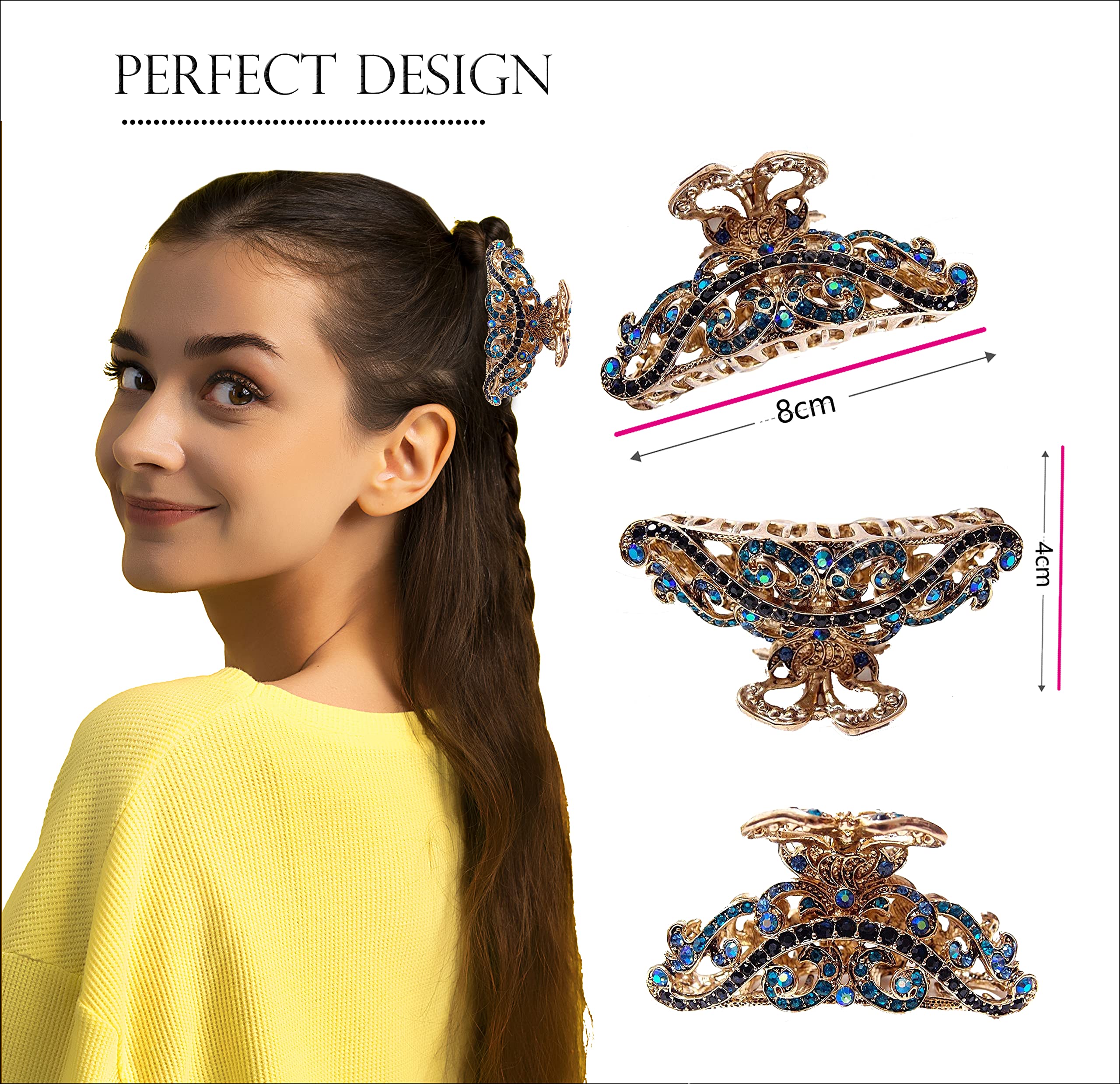 Antique Gold Plated Rhinestone Hair Clips for Women - Crystal Hair Claw Clamp with Non-Slip Design for Thin & Thick Hair - Elegant Hair Accessories for Parties, Weddings & Everyday Styling