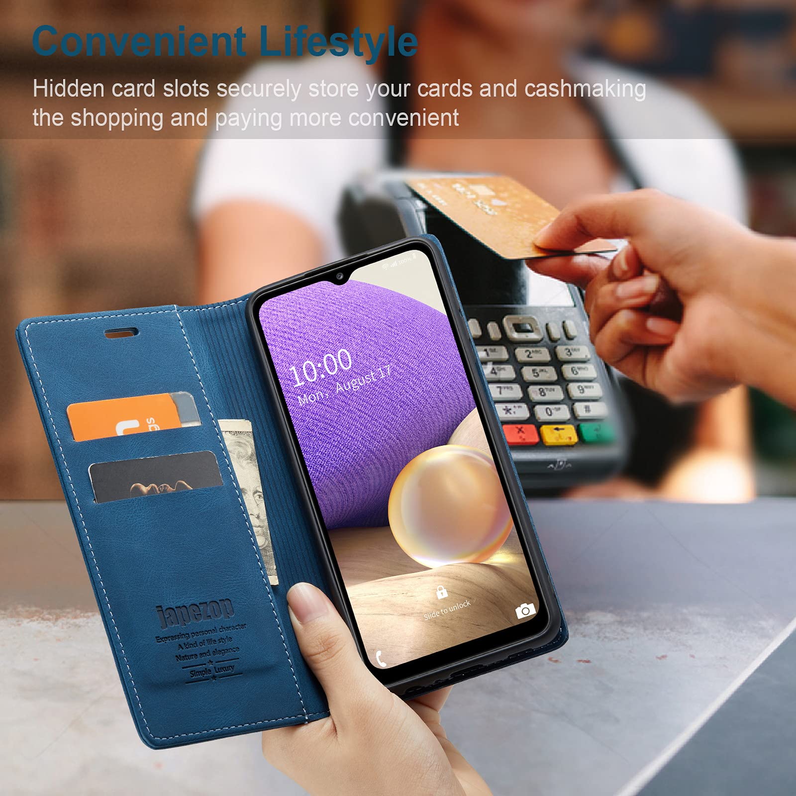 Samsung Galaxy A32 5G Wallet Case with RFID Blocking Card Holder & Kickstand - Magnetic Leather Flip Cover (Blue) - Perfect for Daily Commute, Travel & Hands-Free Viewing