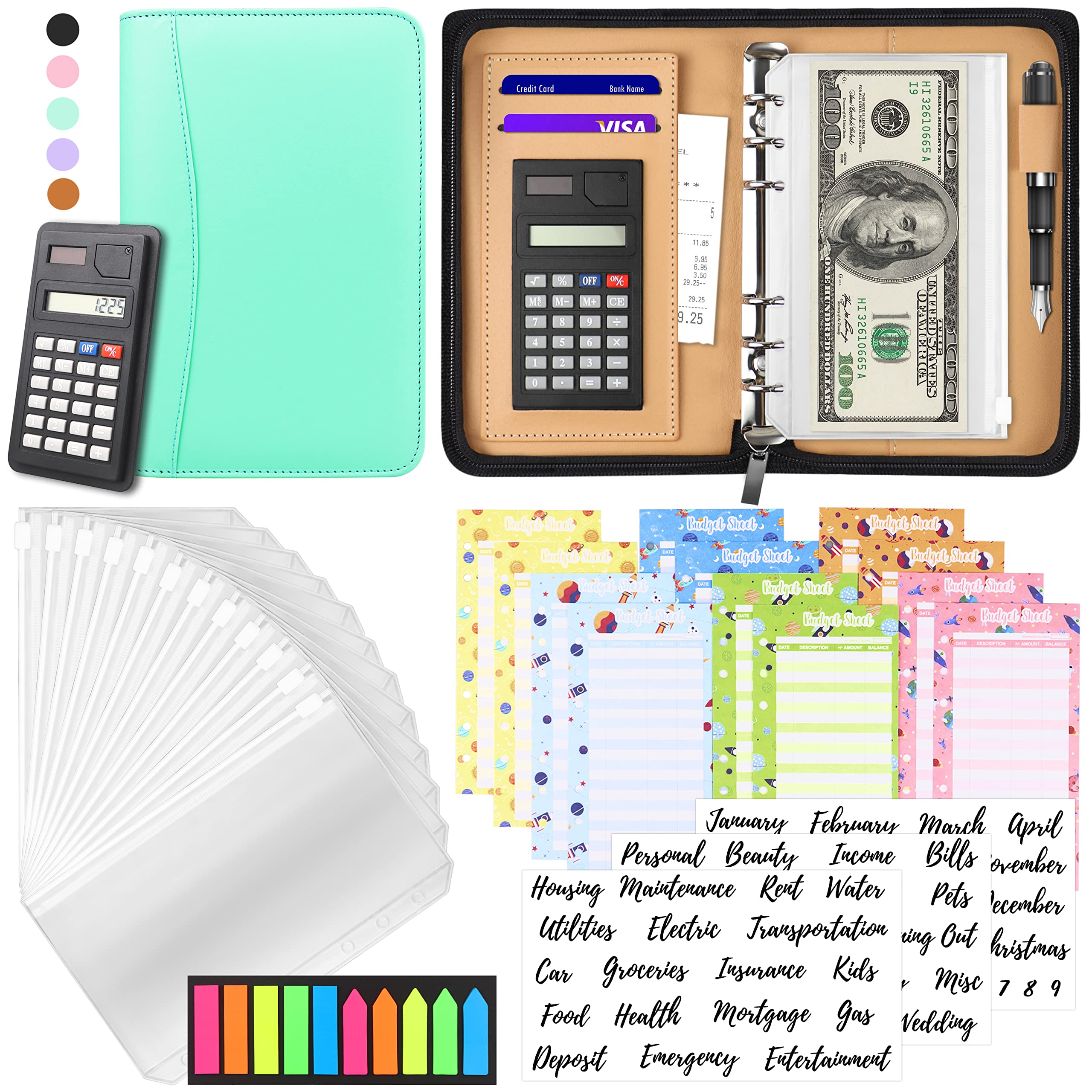 2025 A6 PU Leather Budget Binder with Zipper Envelopes & Calculator | Cash Envelopes System for Budgeting, Bill Organizer & Money Saving | Perfect for Dave Ramsey Envelope Method, Personal Finance Planning & Travel Expense Tracking