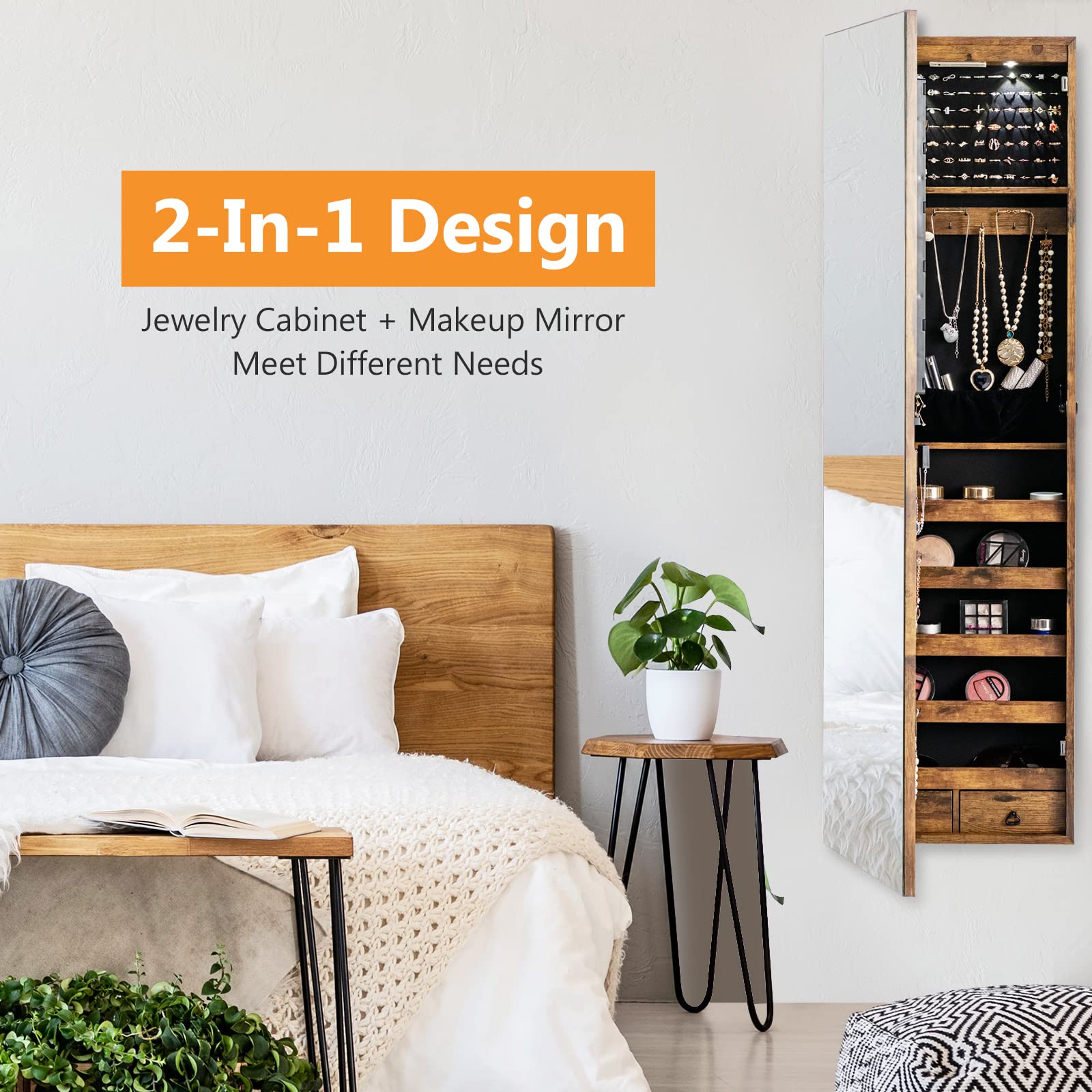COSTWAY Hanging Jewelry Organizer with Full-Length Mirror & LED Lights - Wall Mount Jewelry Cabinet with Lock, Large Capacity Storage for Necklaces, Rings, Earrings - Perfect for Bedroom, Closet or Dressing Room (Rustic Brown)