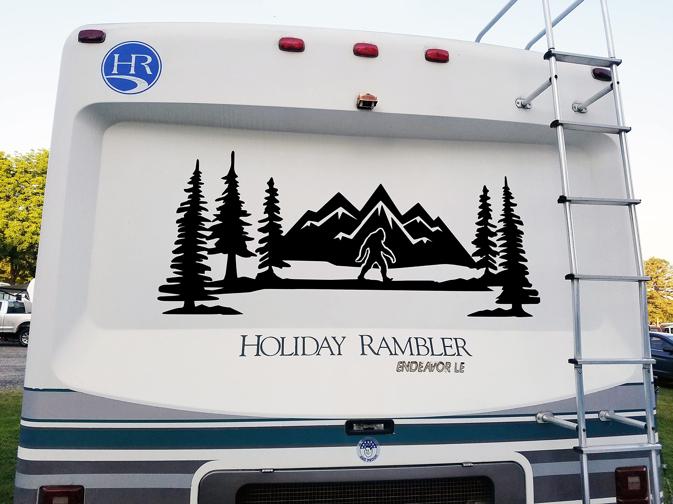 Bigfoot Mountains Scene Vinyl Decal V9 - Pacific Northwest Trees RV Graphics for Travel Trailer & Camper - Die Cut Sticker for Outdoor Adventures & Road Trips