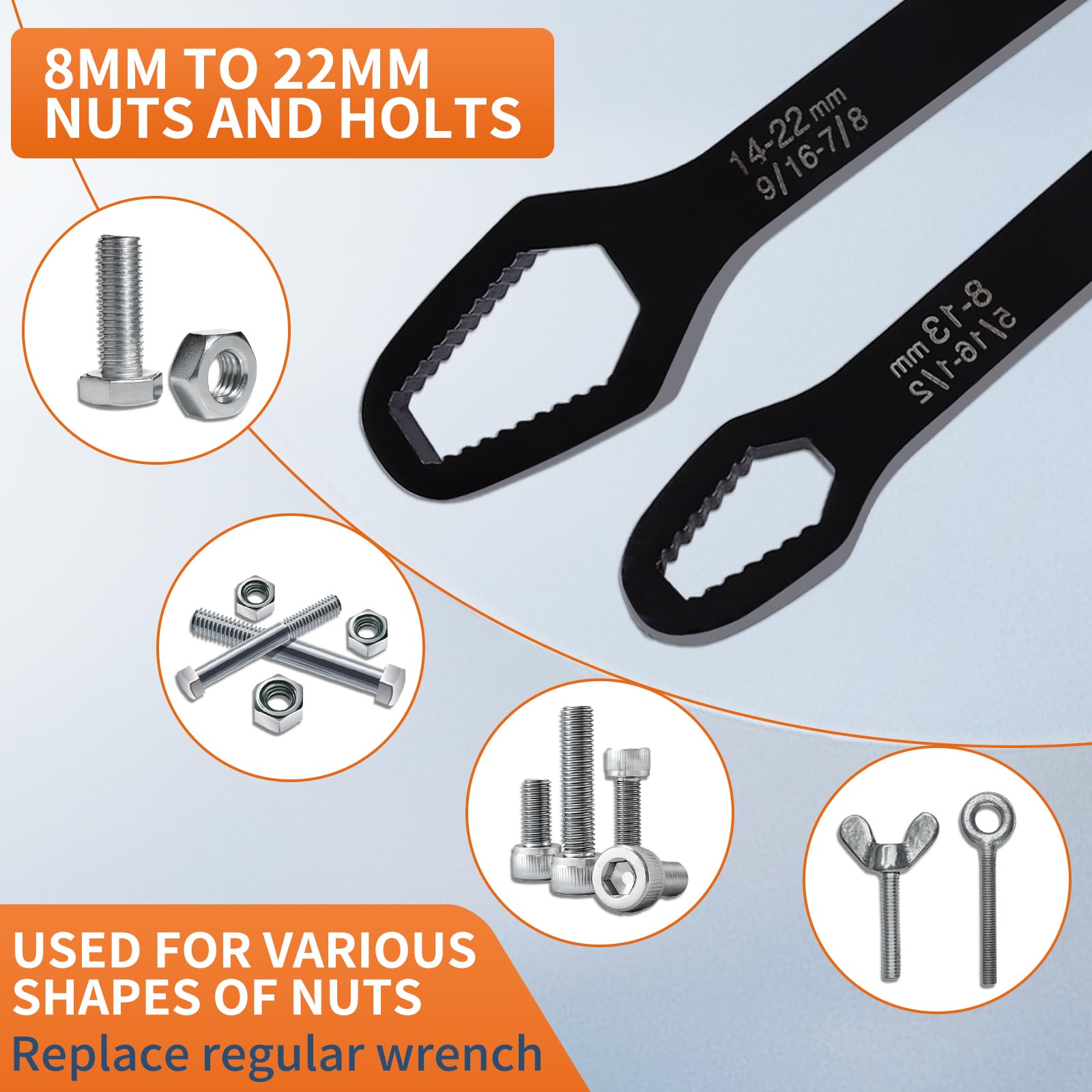 Double-Ended Adjustable Wrench Set - 5/16 to 7/8 Inch Universal Self-Tightening Spanner with Torx Key for Screws & Nuts (Black) - Perfect for Automotive Repairs, Plumbing, and DIY Home Maintenance