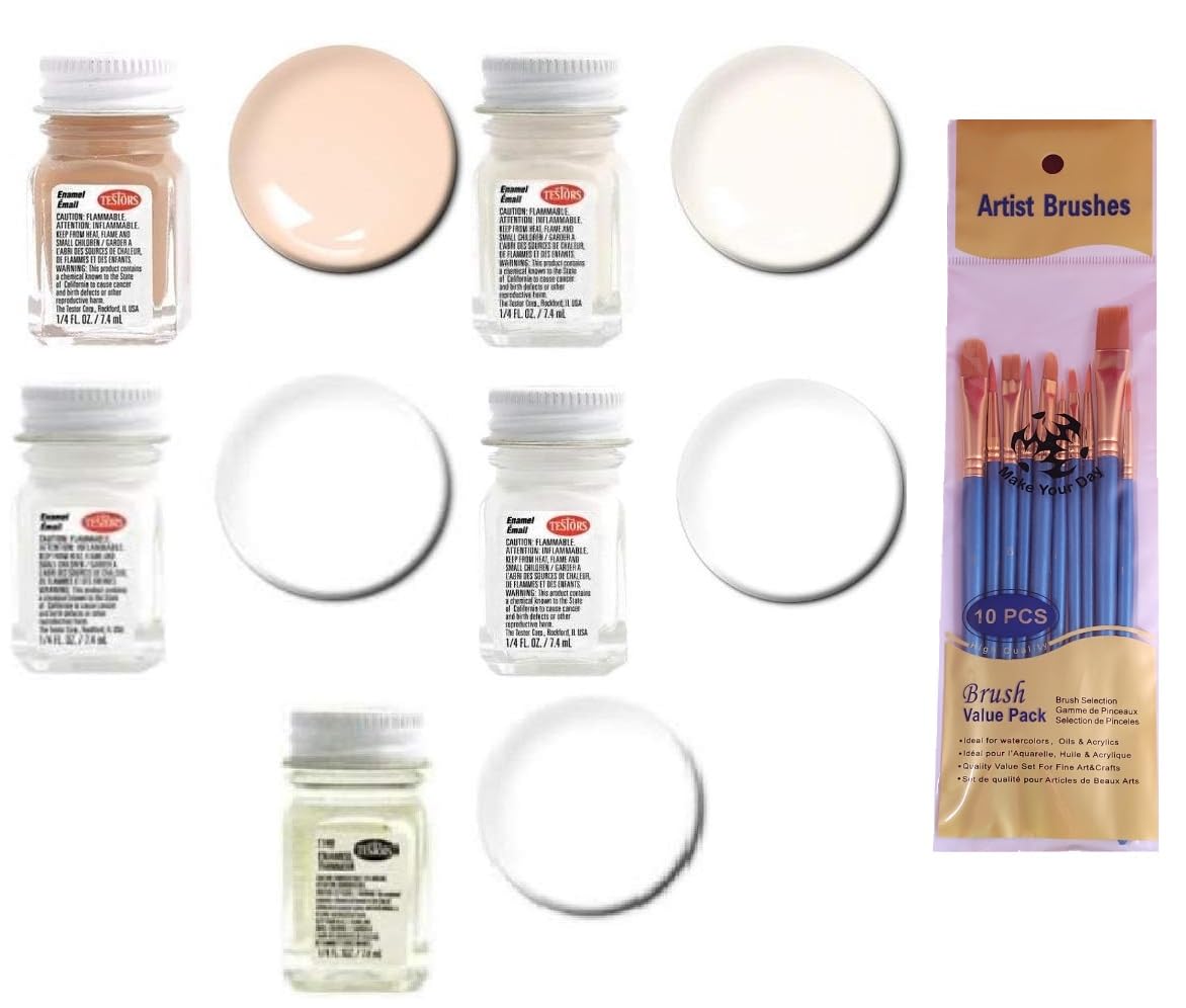Premium White Enamel Paint Set - Cream, Light Ivory, Gloss White & Flat White with 1/4 oz Thinner | 9-Pack Paint Brushes Included | Perfect for DIY Crafts, Home Decor & Miniature Painting Projects