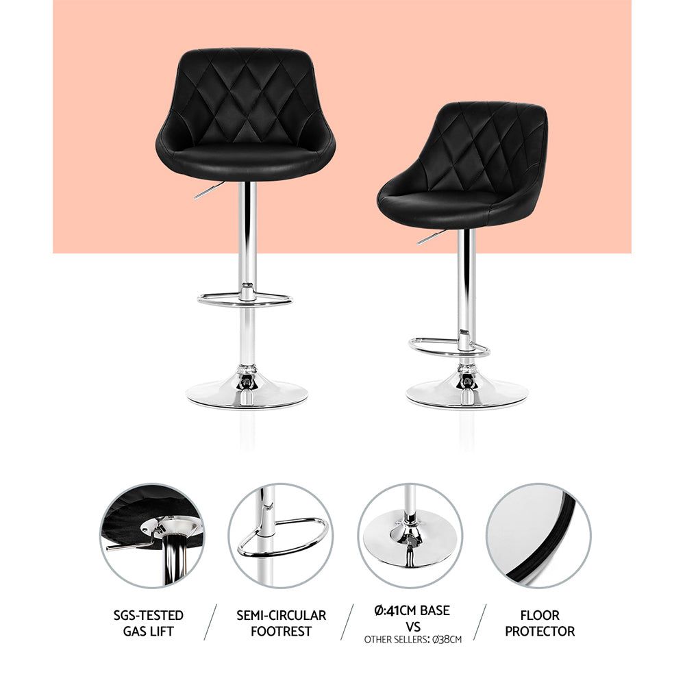 4 Black Leather Padded Bar Stools with Gas Lift Height Adjustment - Perfect for Kitchen Island, Home Bar & Dining Room Counter