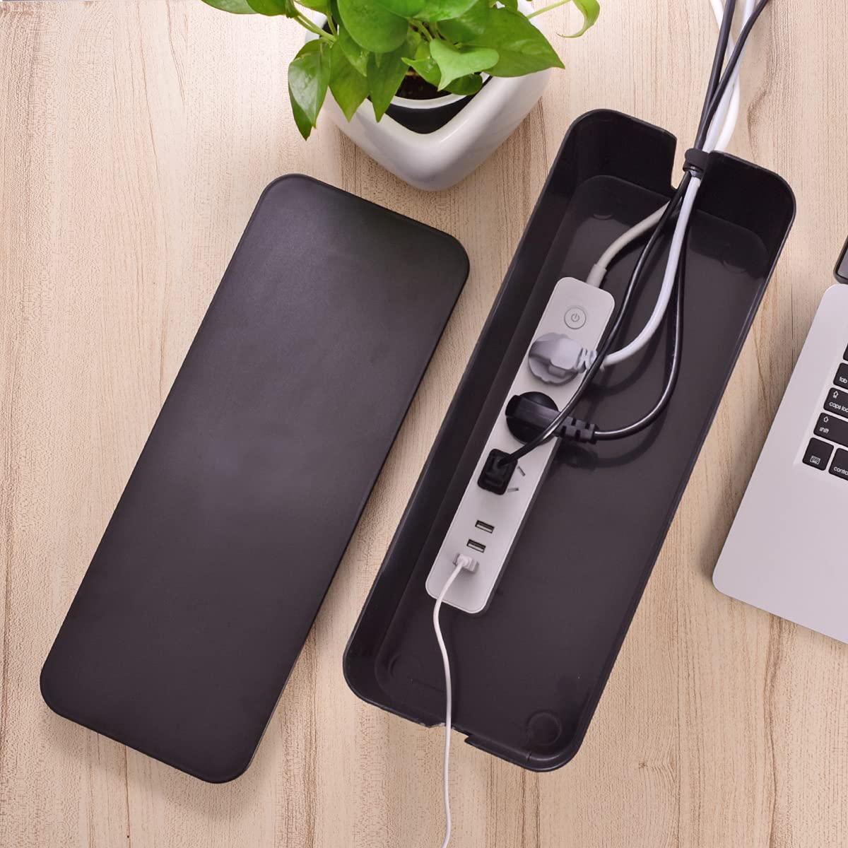 Large Cable Management Box - Cord Organizer to Hide Power Strips & Wires Under Desk/TV/Computer - Includes Cable Clips & Reusable Ties - Perfect for Home & Office Organization (Black) - Ideal for Living Room, Bedroom, Gaming Setup and Workspace Cable Management