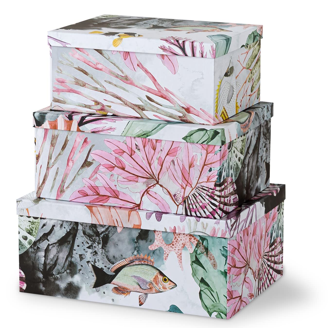 Ocean Treasures Modern Home Décor Keepsake Box Set of 3 - Beach-Themed Photo Storage with Lids, Decorative Cardboard Nesting Gift Boxes for Jewelry & Memories | Perfect for Beach House Decor, Wedding Favors & DIY Craft Storage