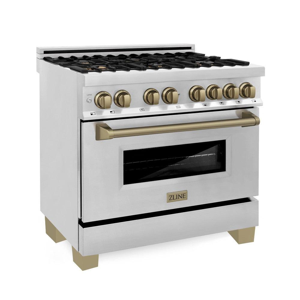 ZLINE Autograph Edition 36-inch Stainless Steel Kitchen Package - Dual Fuel Range, Range Hood, Dishwasher & Refrigerator with Champagne Bronze Accents & External Water Dispenser (4AKPR RARHDWM36 CB) | Premium Kitchen Appliances for Modern Homes & Professional Chefs