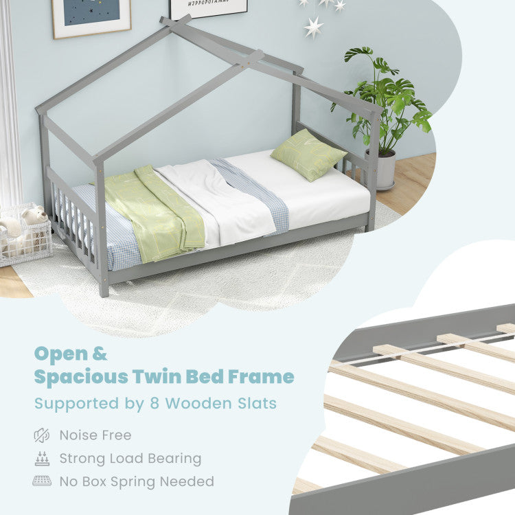 Costway Twin Size Wooden House Bed Frame with Roof - Kids Bedroom Furniture for Playroom, Nursery, or Children's Room Decor