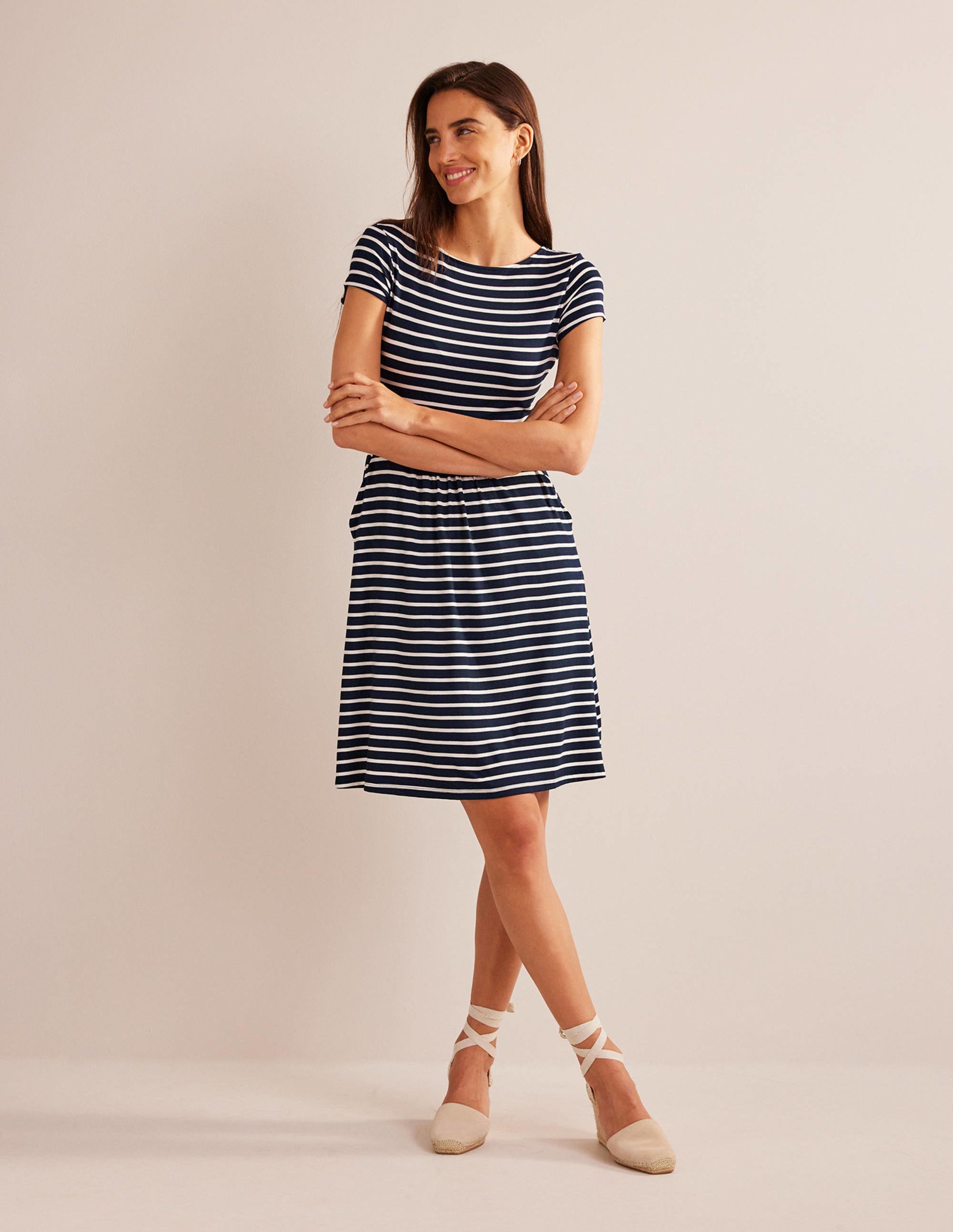 Amelie Women's Casual Jersey Dress - Navy & Ivory Striped, Comfortable Stretchy Knit Fabric, Perfect for Summer Outfits, Beachwear, and Everyday Wear