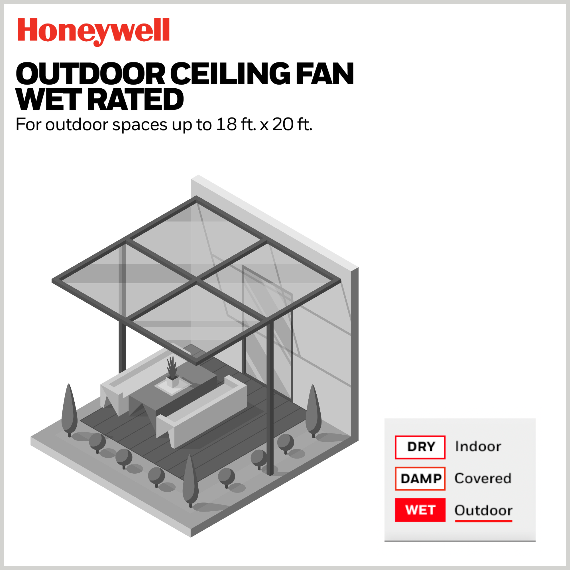 54 Inch Honeywell Port Isle Matte Black Ceiling Fan with Light Kit and Remote Control - Perfect for Living Room, Bedroom, and Outdoor Patio Cooling