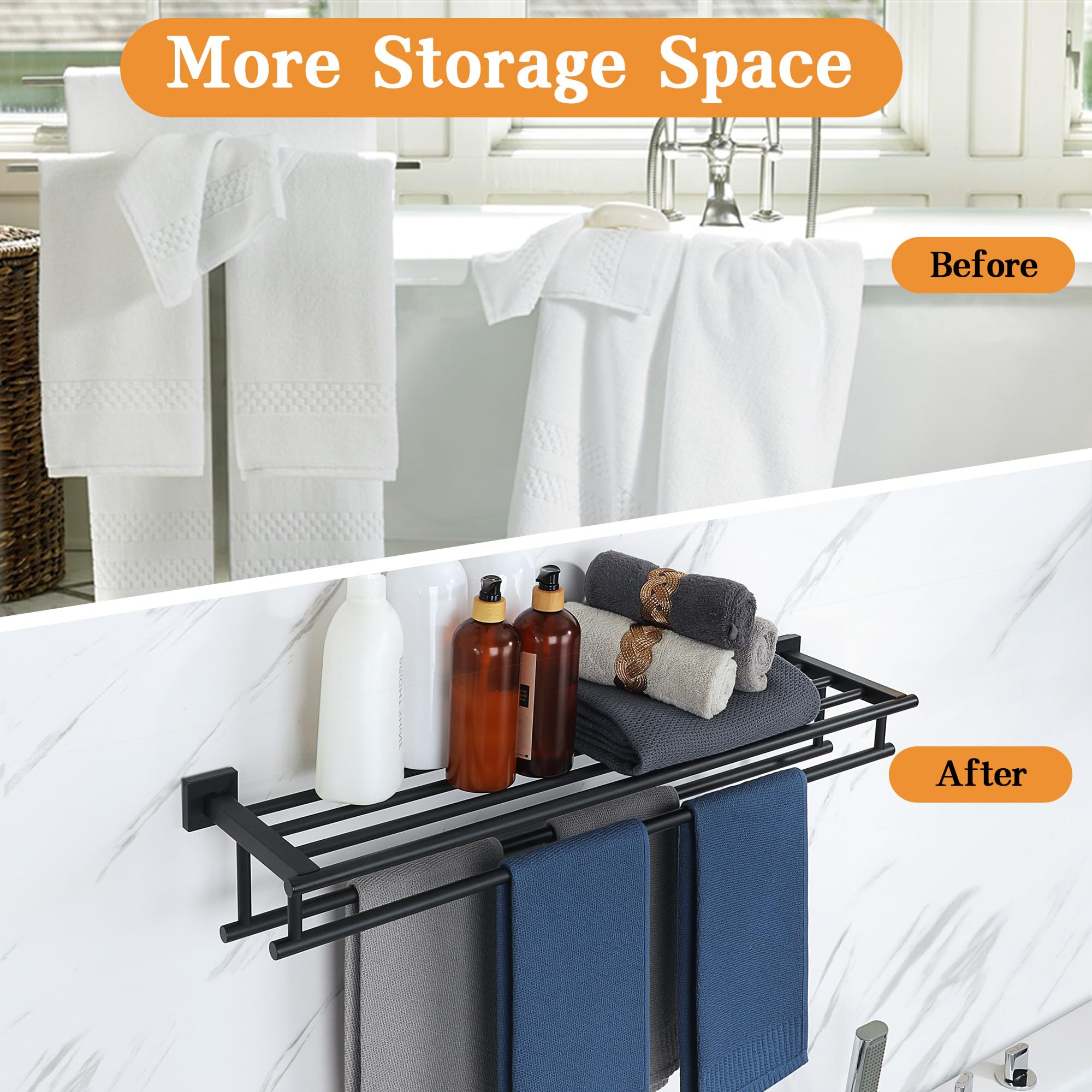 Stainless Steel Towel Rack 28 Inch - Double Towel Bars Wall Mounted Hanger for Bathroom & Lavatory - SUS304 Matte Black - Perfect for Towel Storage & Bathroom Organization