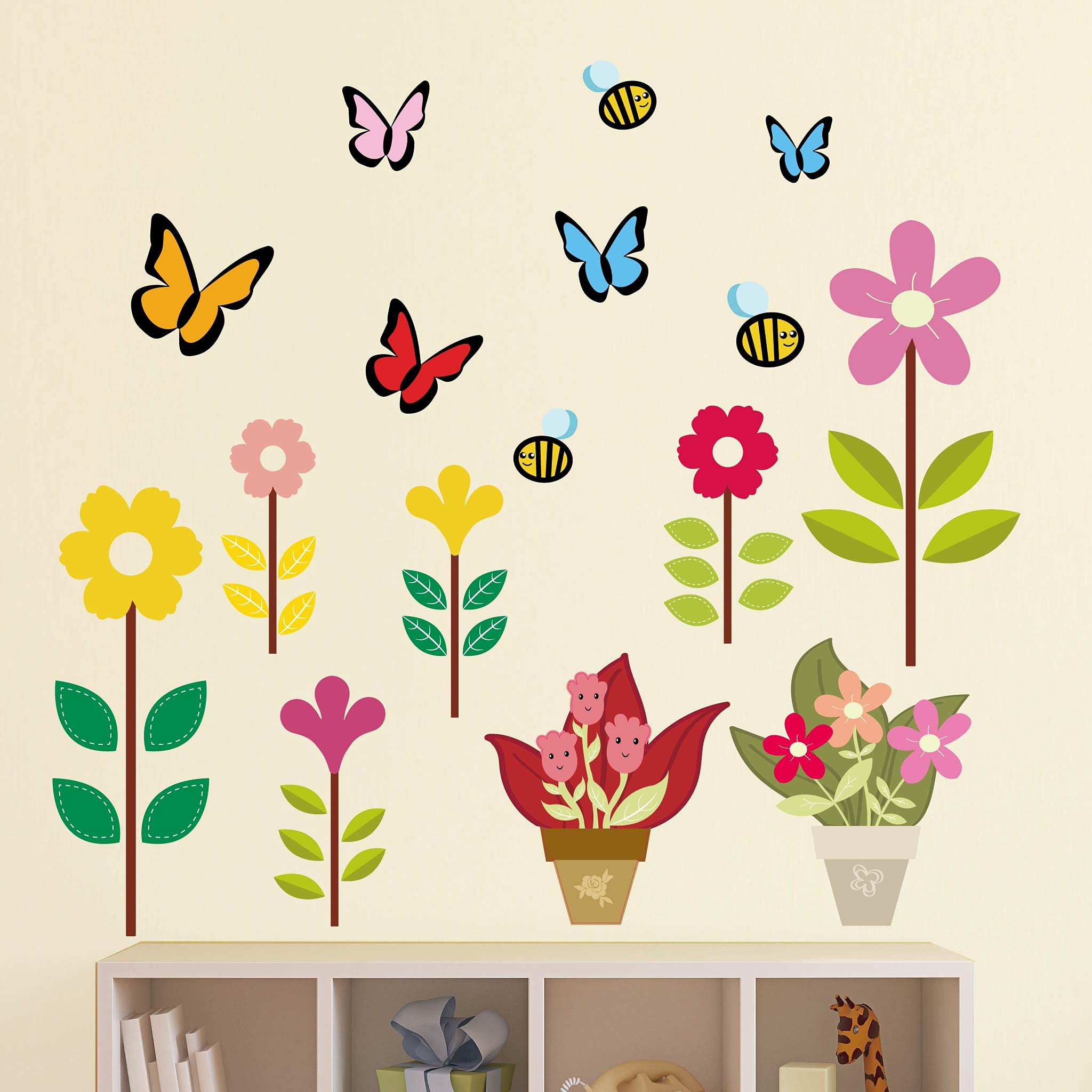 Colorful Floral Fabric Wall Decals with Pots, Butterflies & Bees - Peel & Stick DIY Nursery Decor for Kids | Safe, Removable Wall Stickers for Bedroom & Playroom Decorations