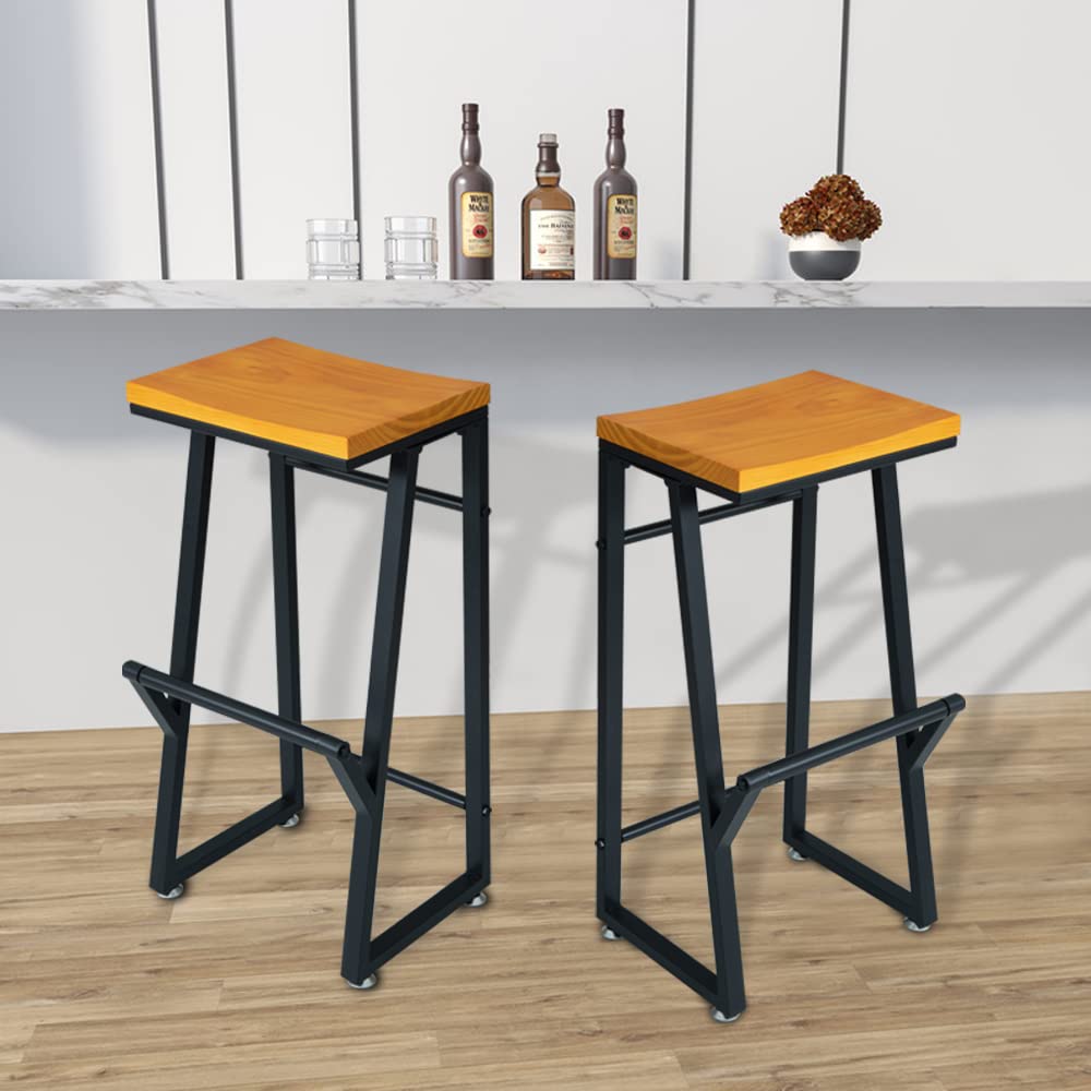 Set of 2 Black 29.5 Inch Bar Stools with Footrest - Wood & Metal Farmhouse Style Counter Stools for Kitchen Island, Breakfast Bar & Dining Room